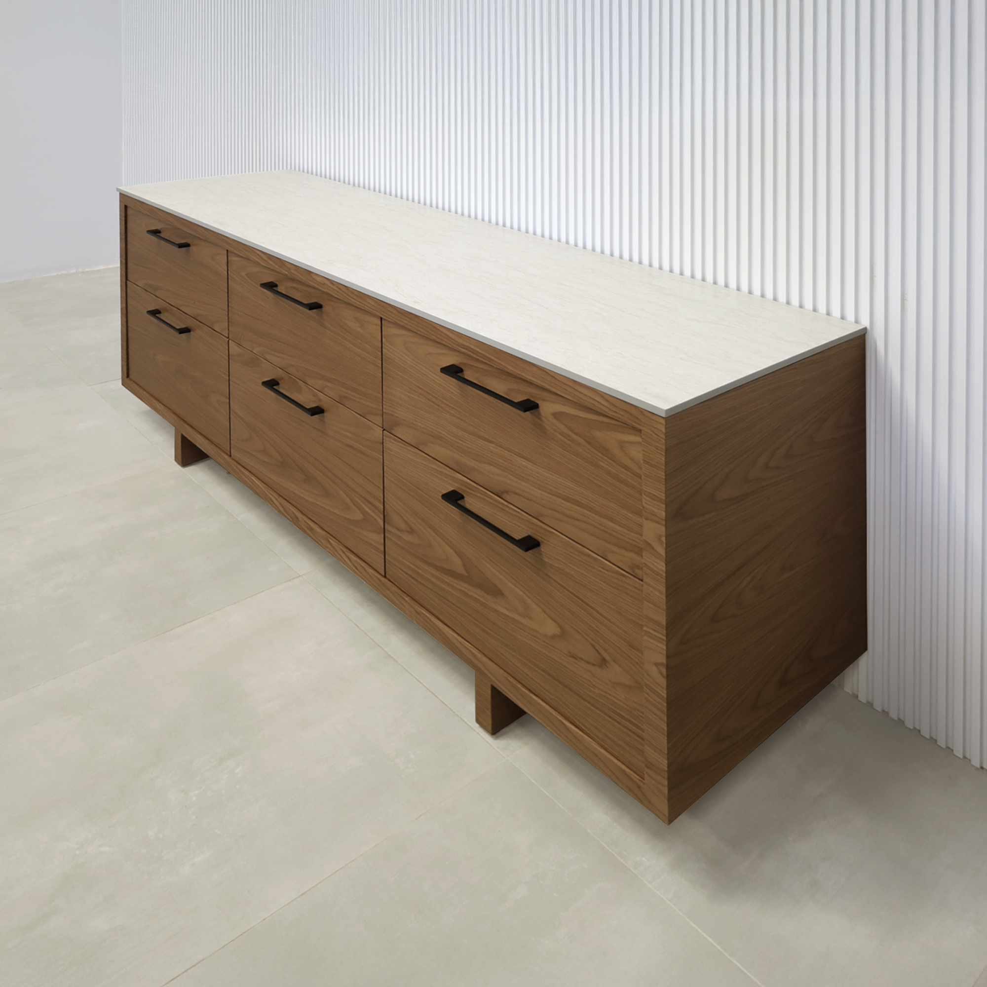 72-inch Seattle Storage Credenza with Walnut Wood veneer body & doors and Spanish Limestone engineered surface top.