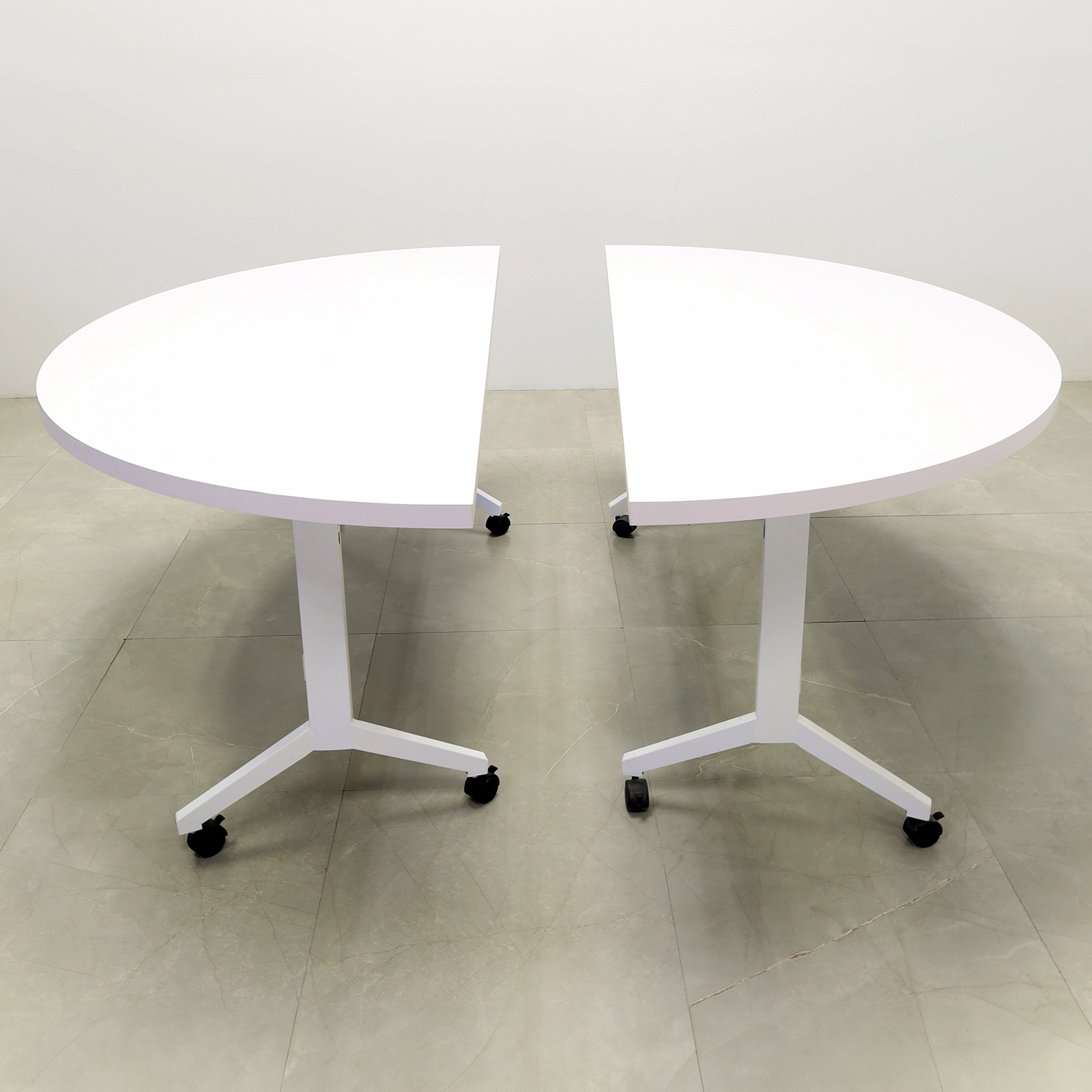 72-inch Westin Half Moon Training Table in white matte laminate top and white metal frame shown here.