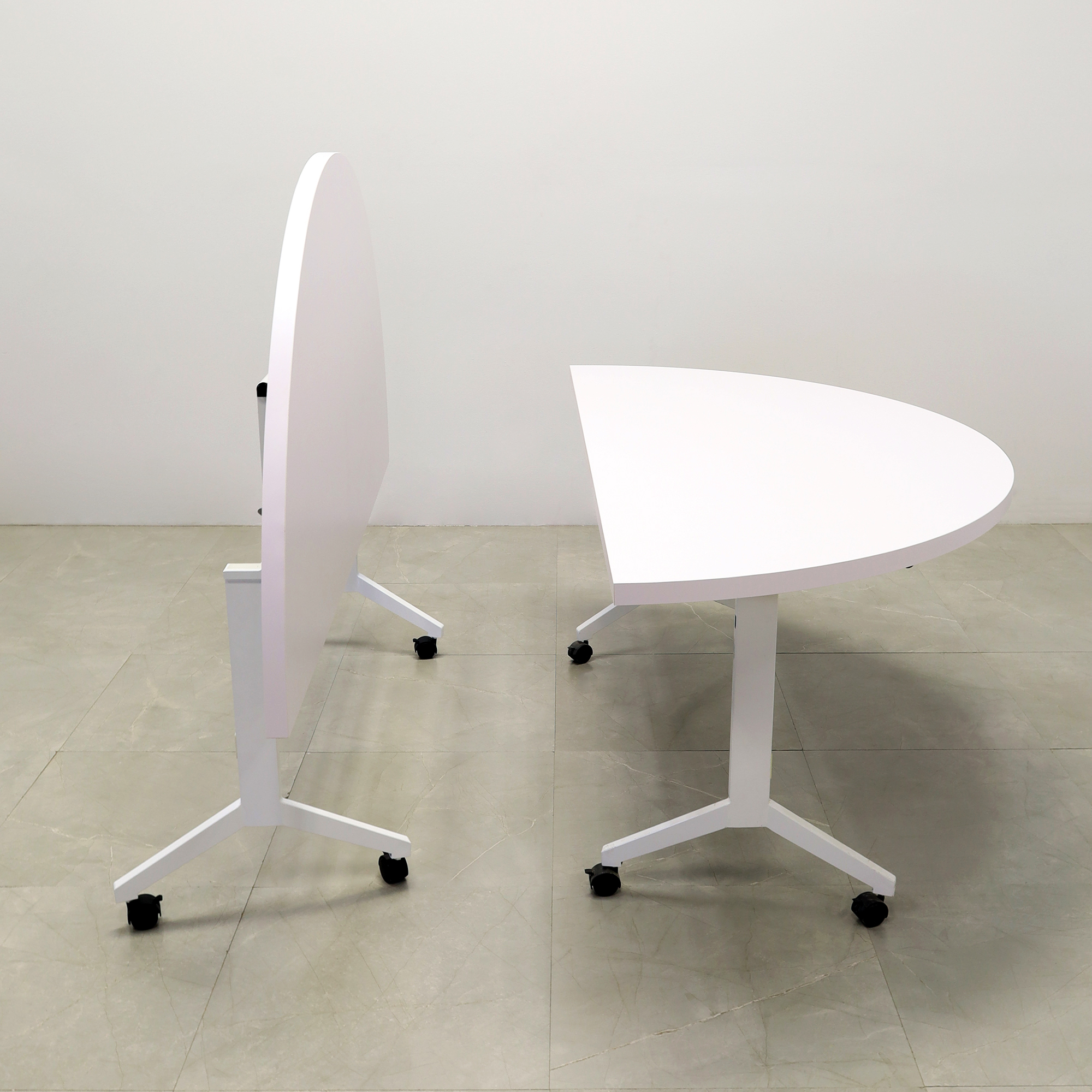 72-inch Westin Half Moon Training Table in white matte laminate top and white metal frame shown here.