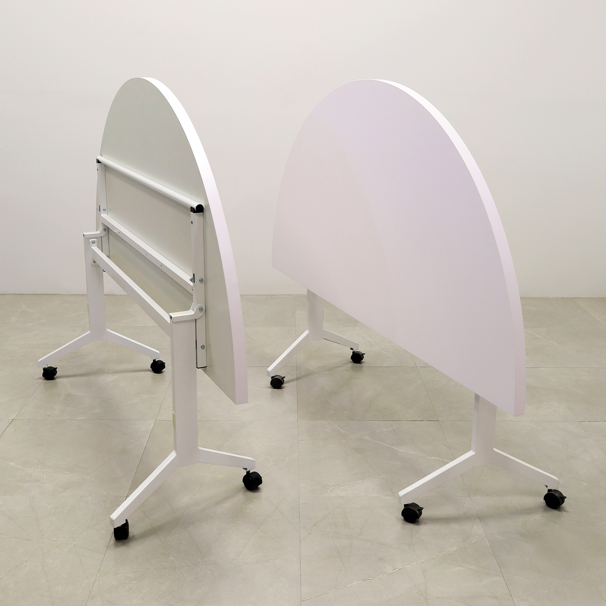 72-inch Westin Half Moon Training Table in white matte laminate top and white metal frame shown here.