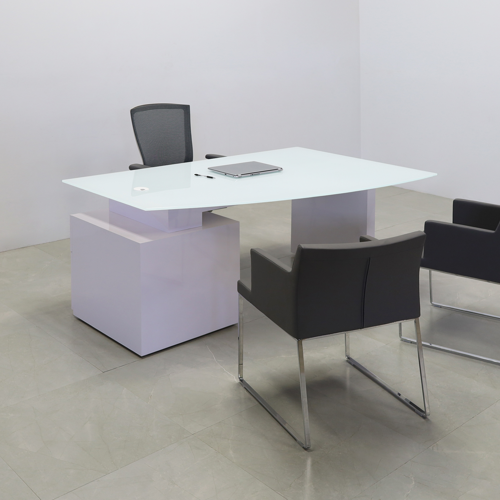 Avenue Curved Executive Desk With Tempered Glass Top in white top nad white gloss laminate base & storage shown here.