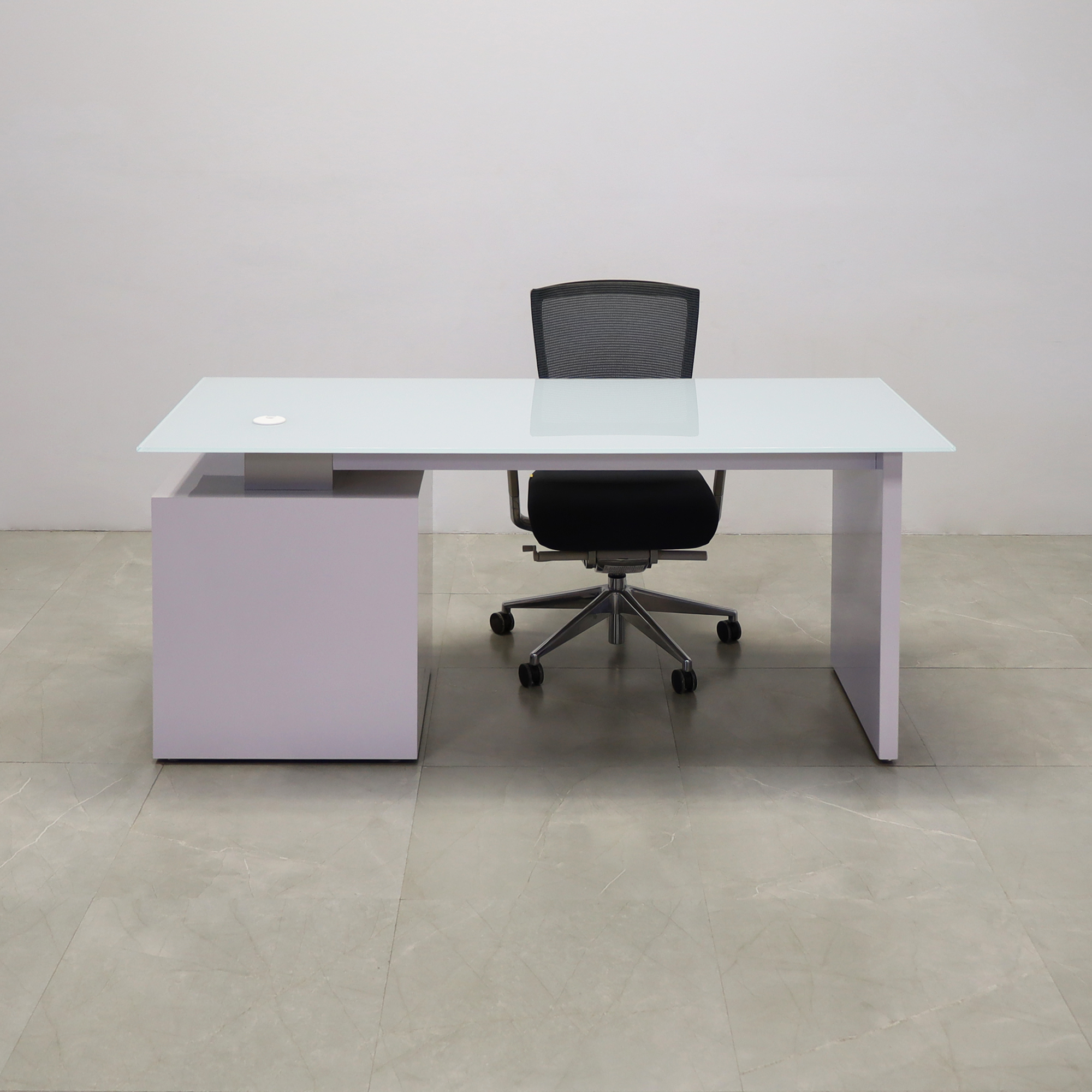 72 inches Avenue Straight Executive Desk In Tempered White Glass Top and white gloss laminate base and storage, with one black chair shown here.