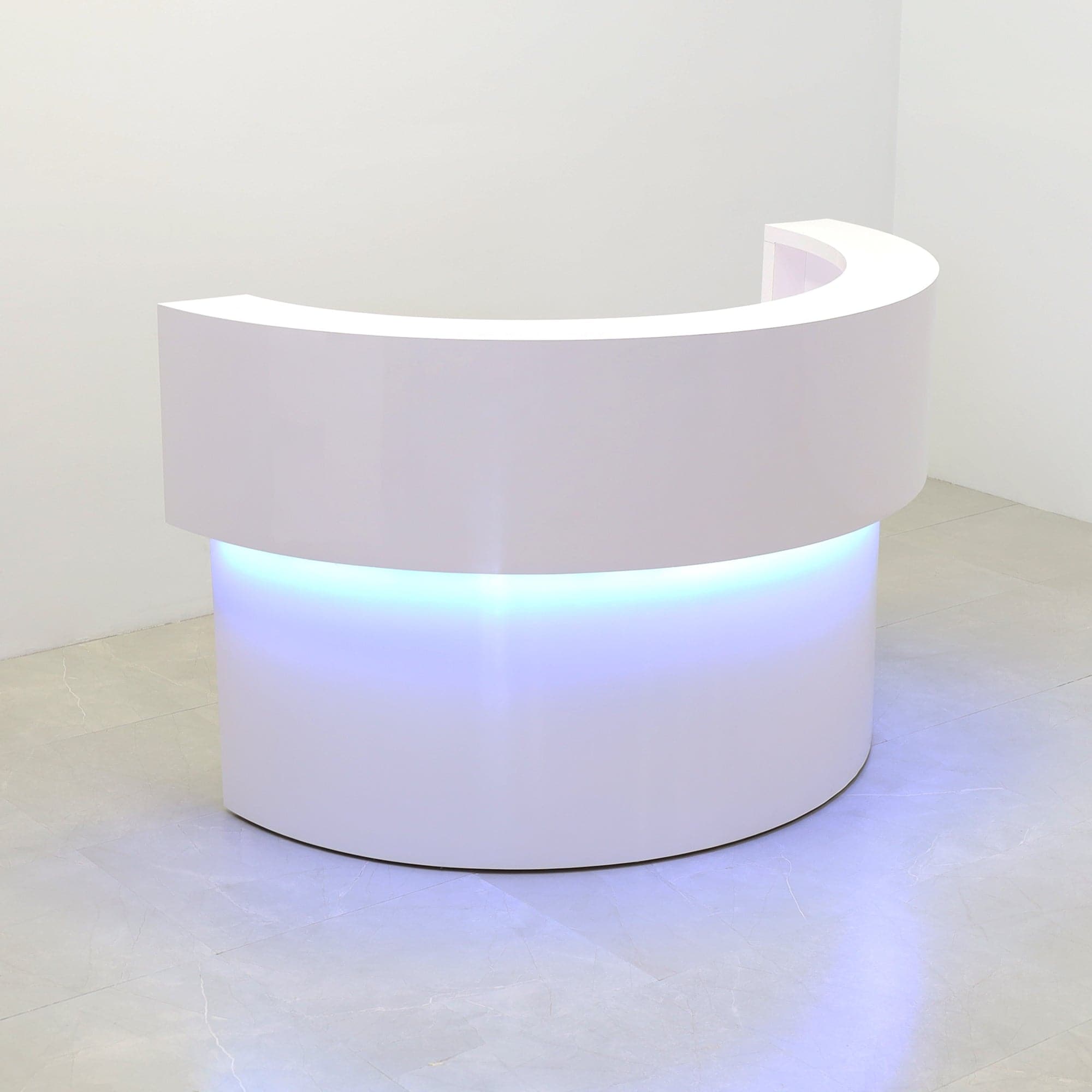 Boca Half Moon Reception Desk in White Gloss Laminate Desk, with multi-colored LED shown here.