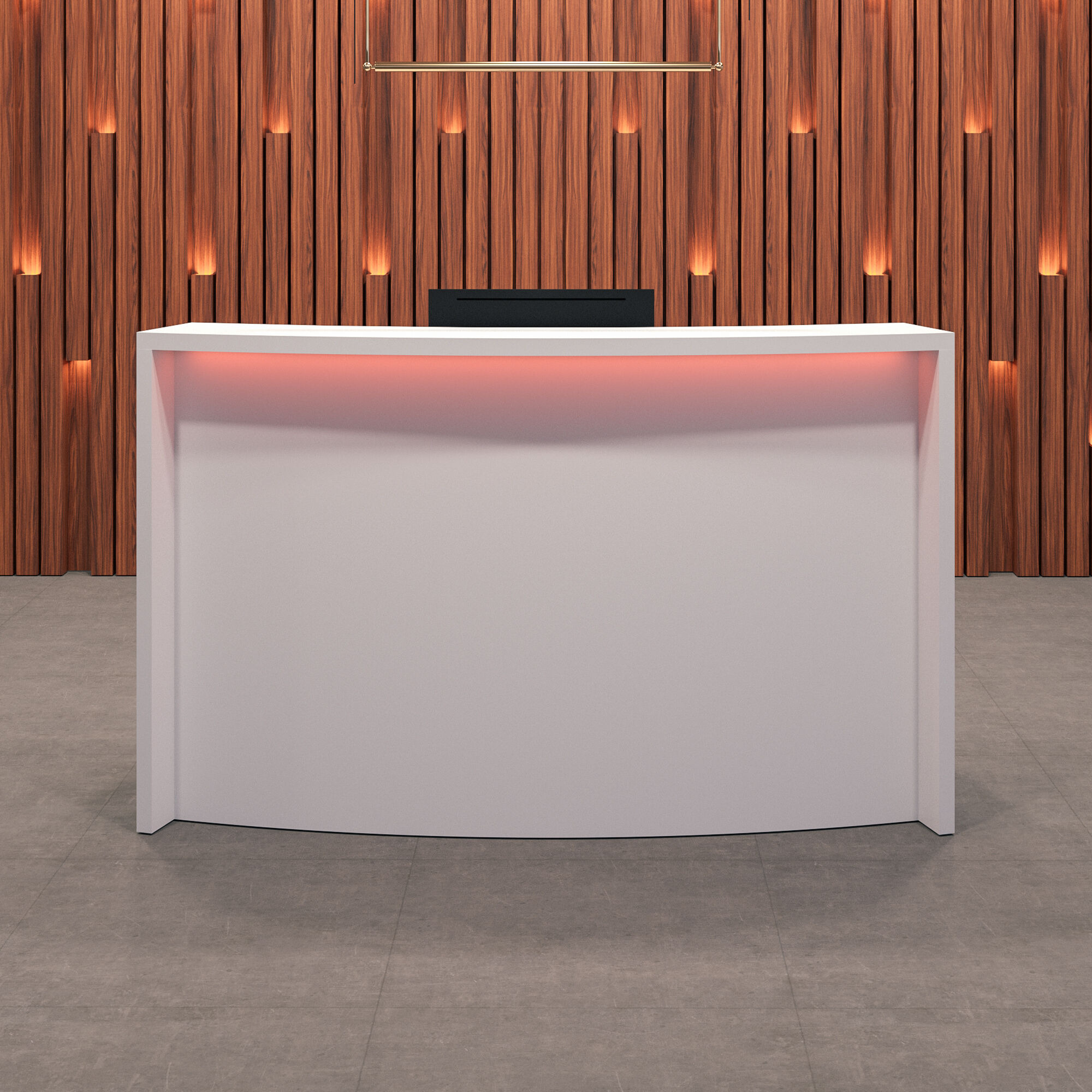 72-inch Seattle X1 Custom Reception Desk in white gloss laminate desk and curved front panel, with multi-colored LED, shown here.