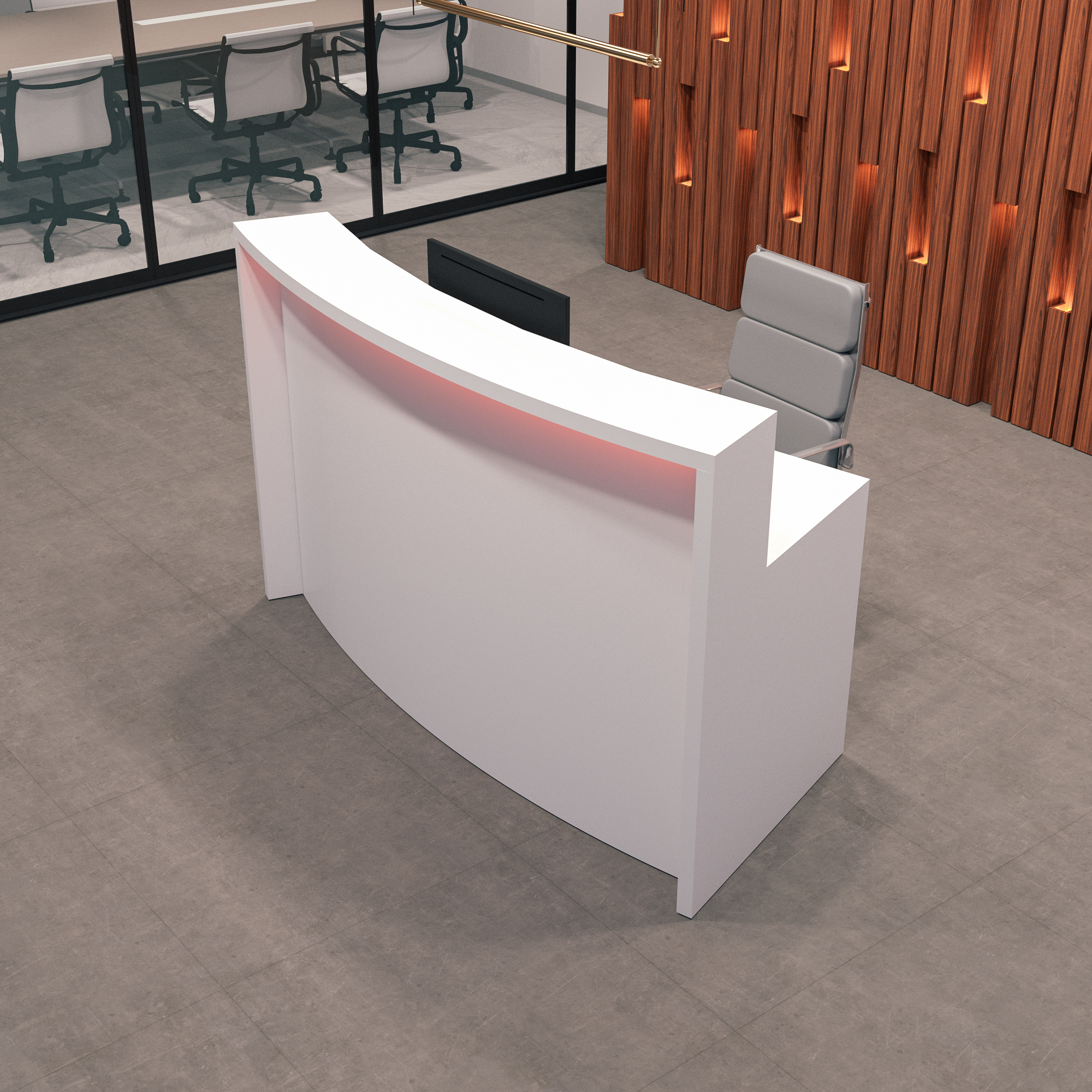 72-inch Seattle X1 Custom Reception Desk in white gloss laminate desk and curved front panel, with multi-colored LED, shown here.