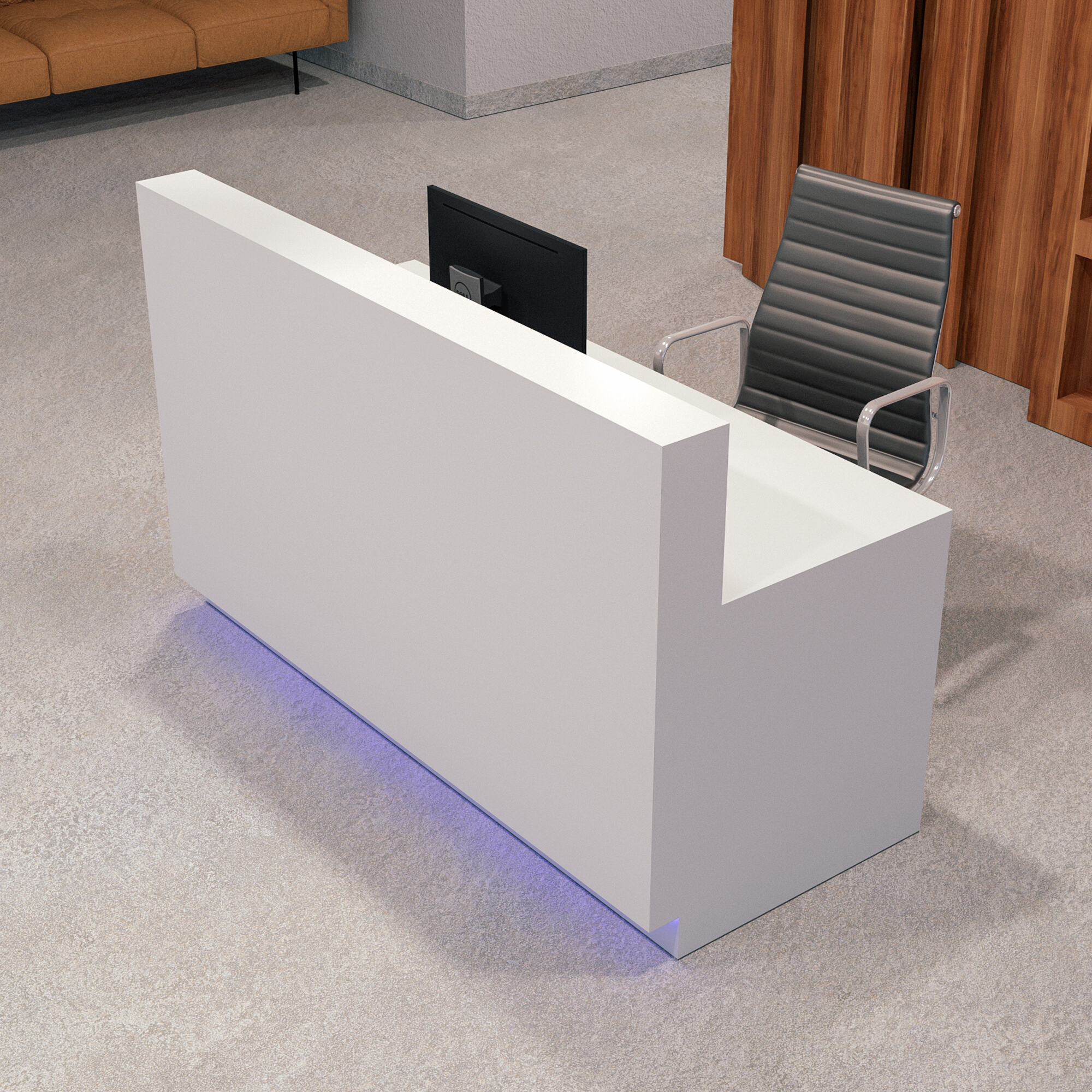 72-inch Dallas Straight Custom Reception Desk in white matte laminate main desk and brushed aluminum toe-kick, with color LED, shown here.