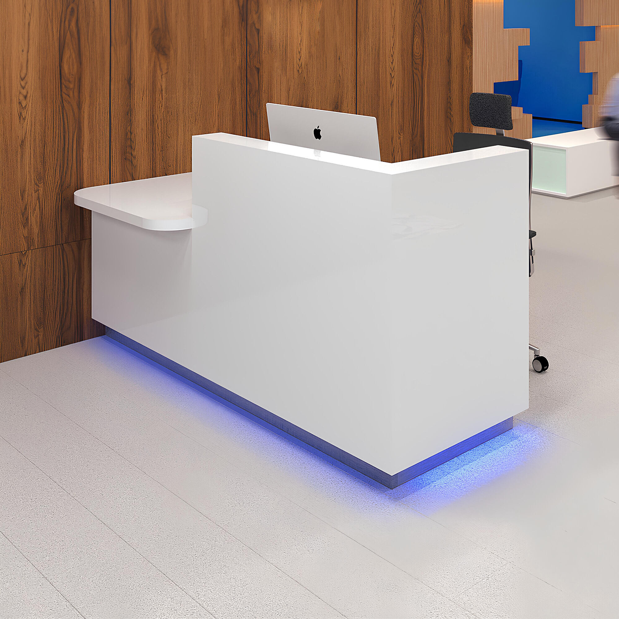 72-inch Dallas ADA Compliant Counter Custom Reception Desk, l-shape counter & desk on the right side when facing front, and workspace in white gloss laminate, and brushed aluminum laminate toe-kick, with color changing LED.