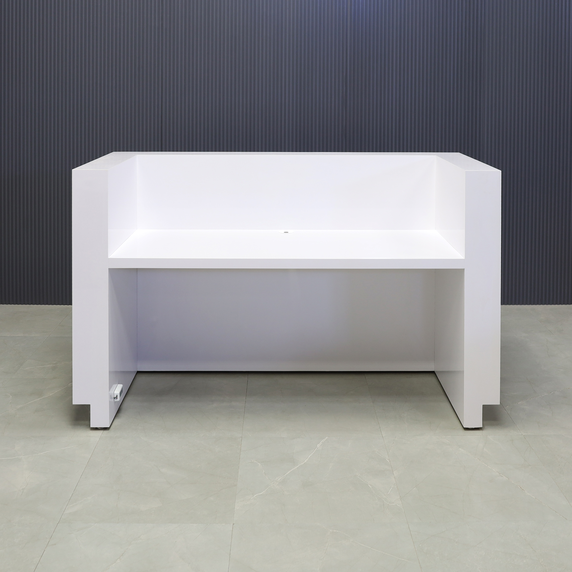 72-inch Dallas U-Shape Reception Desk in white gloss laminate main desk and brushed aluminum toe-kick, with color LED, shown here.