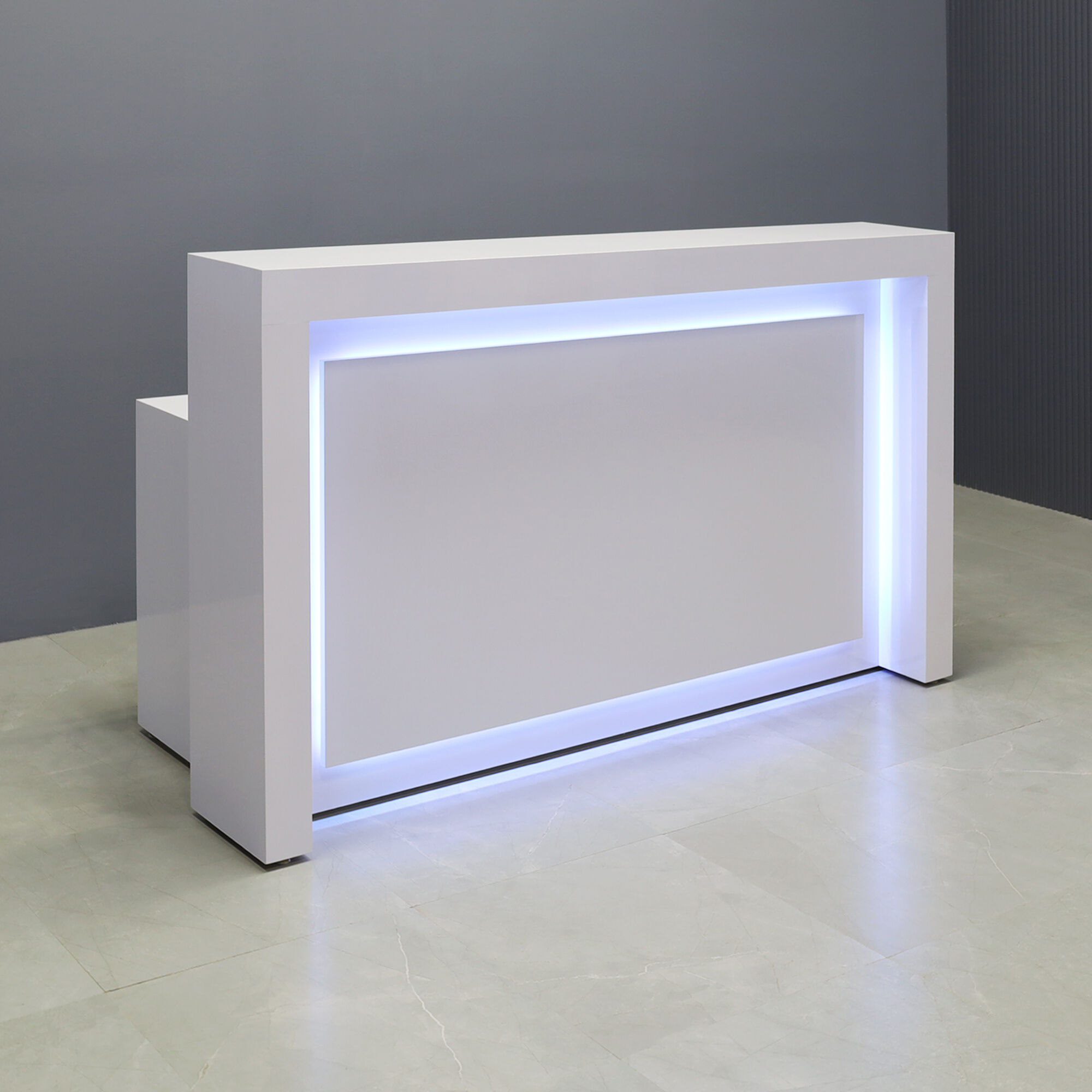 72-inch New York Straight Reception Desk in white gloss laminate main desk and accent, with color LED, shown here.
