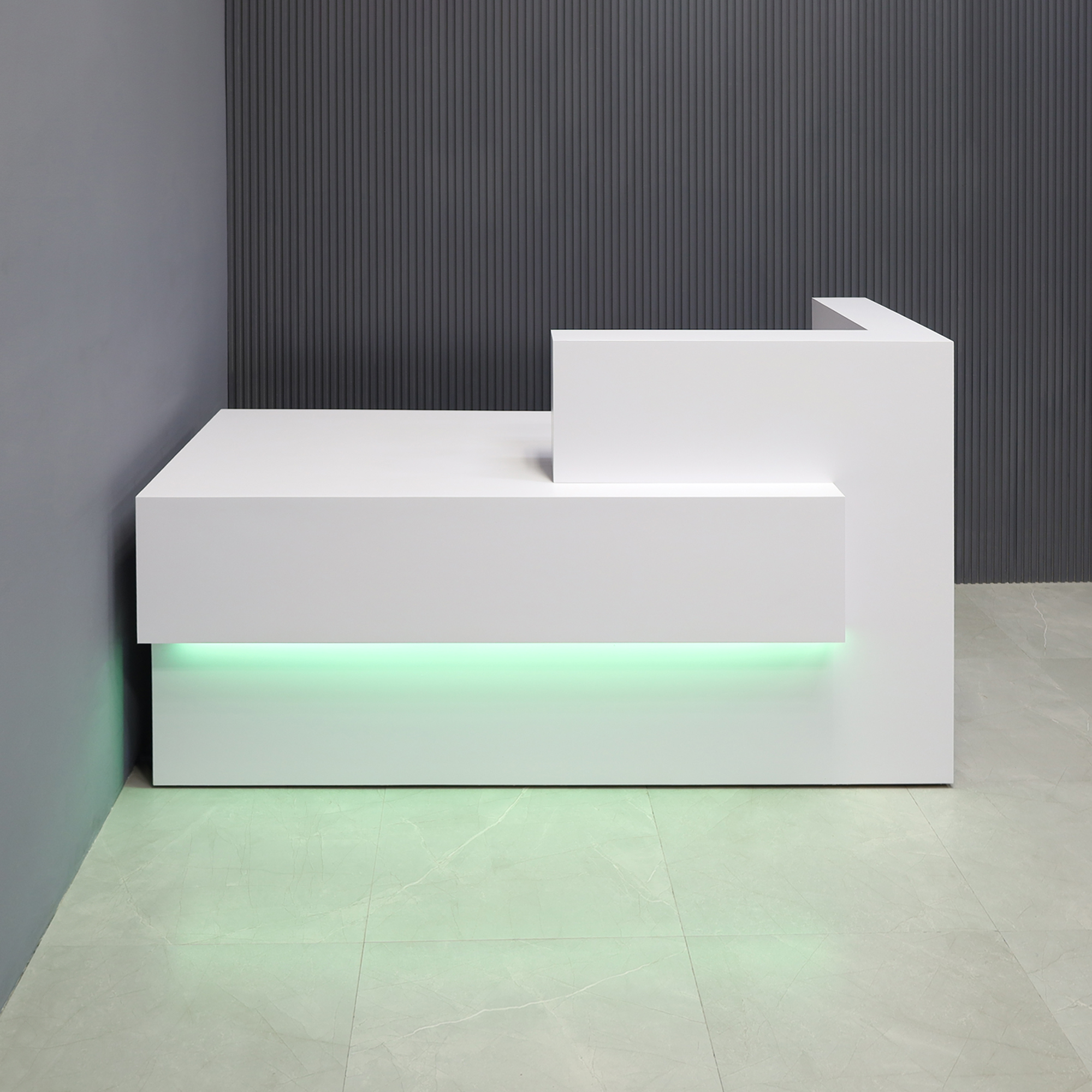 72-inch Atlanta ADA Reception Desk, countertop & base on right side when facing front in white gloss laminate, with multi-colored LED, and built-in storage on right side when sitting, shown here.