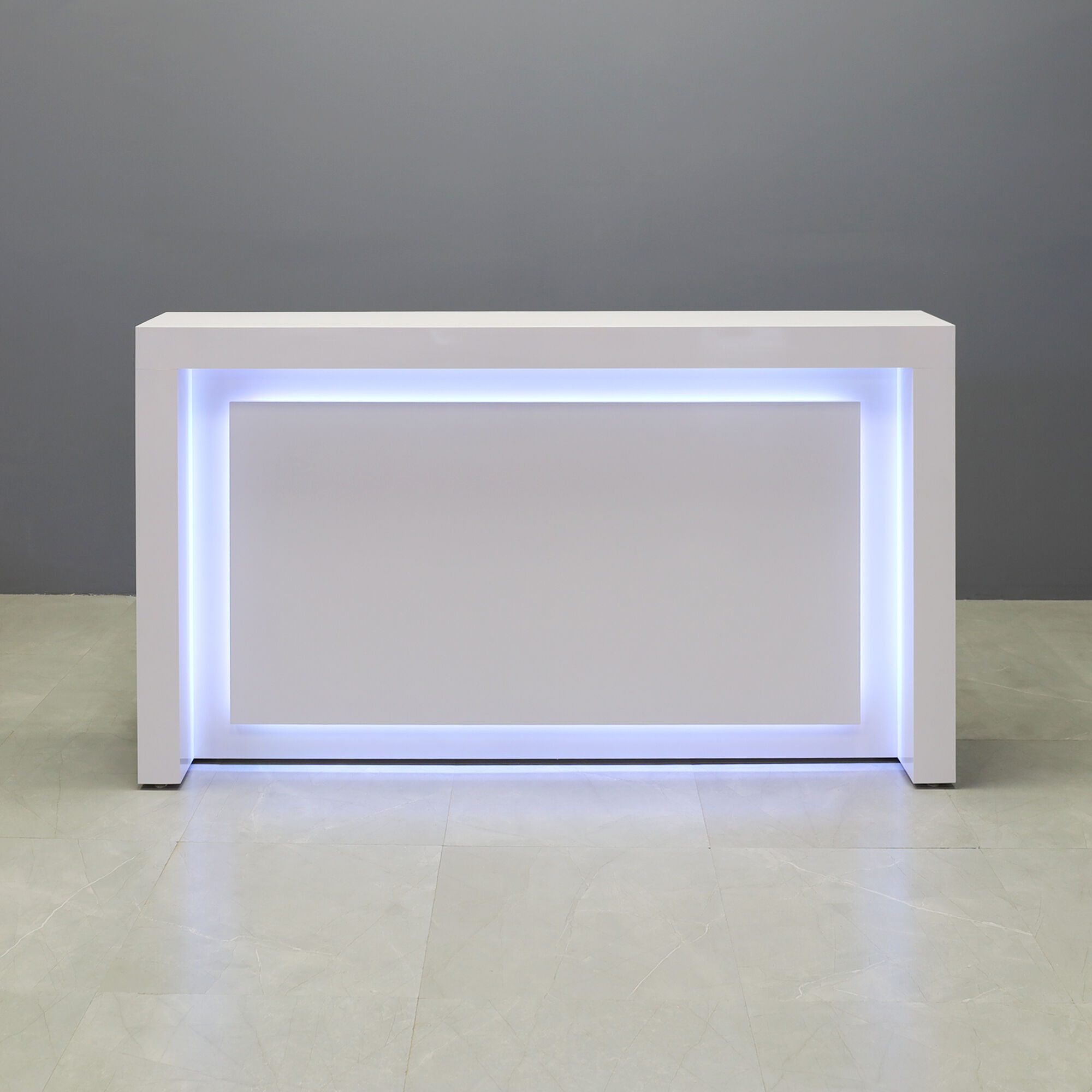 72-inch New York Straight Reception Desk in white gloss laminate main desk and accent, with color LED, shown here.
