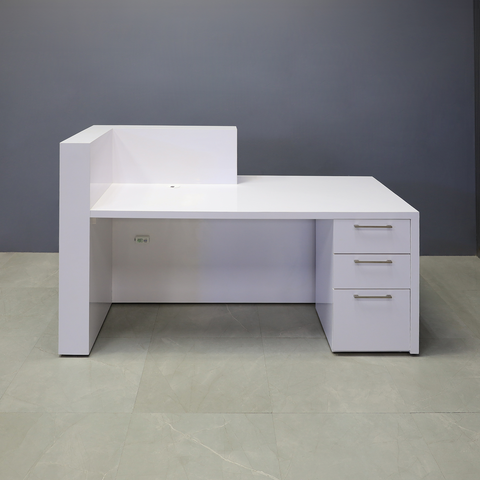 72-inch Atlanta ADA Reception Desk, countertop & base on right side when facing front in white gloss laminate, with multi-colored LED, and built-in storage on right side when sitting, shown here.