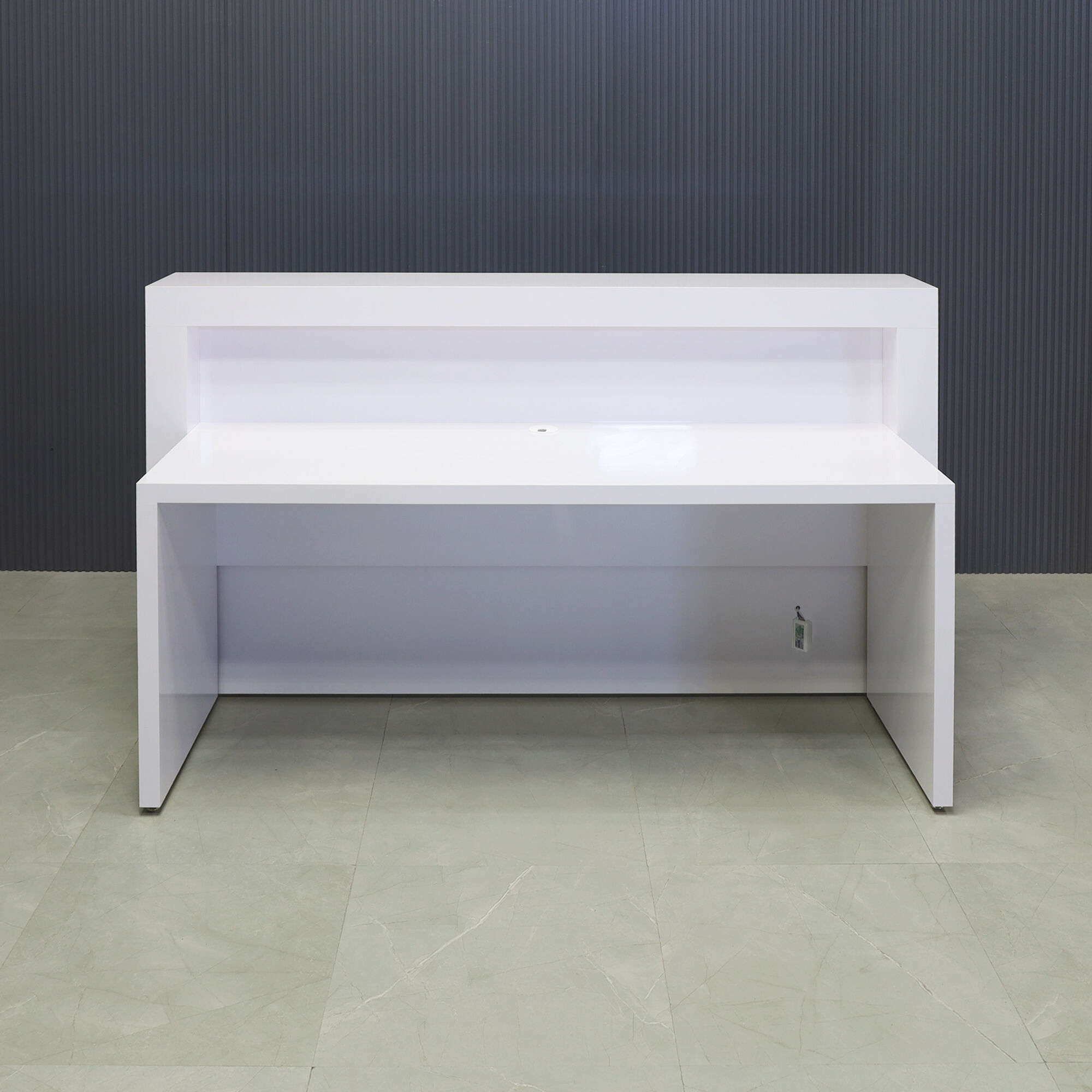 72-inch New York Straight Reception Desk in white gloss laminate main desk and accent, with color LED, shown here.
