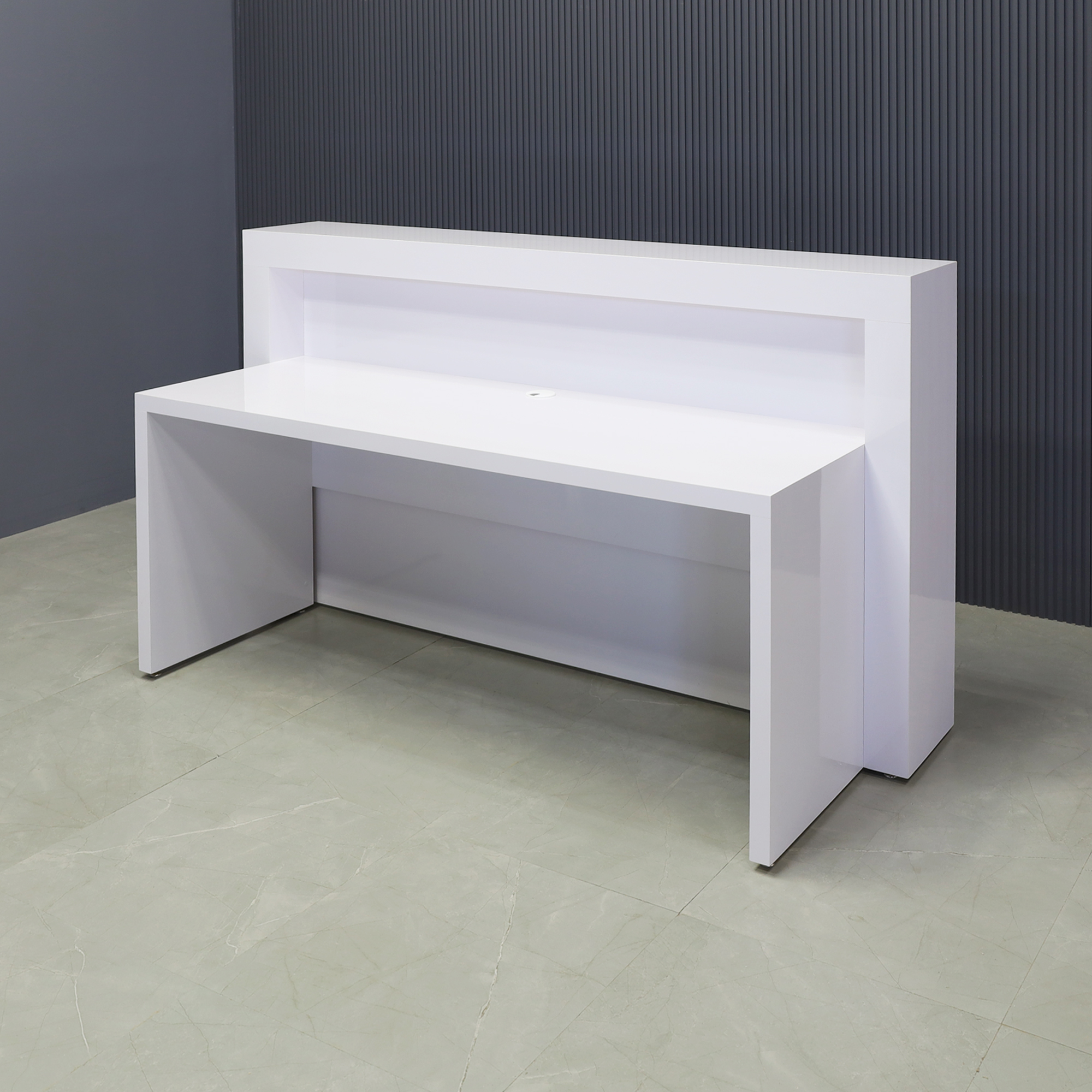 72-inch New York Straight Reception Desk in white gloss laminate finish, with multi-colored LED, shown here.