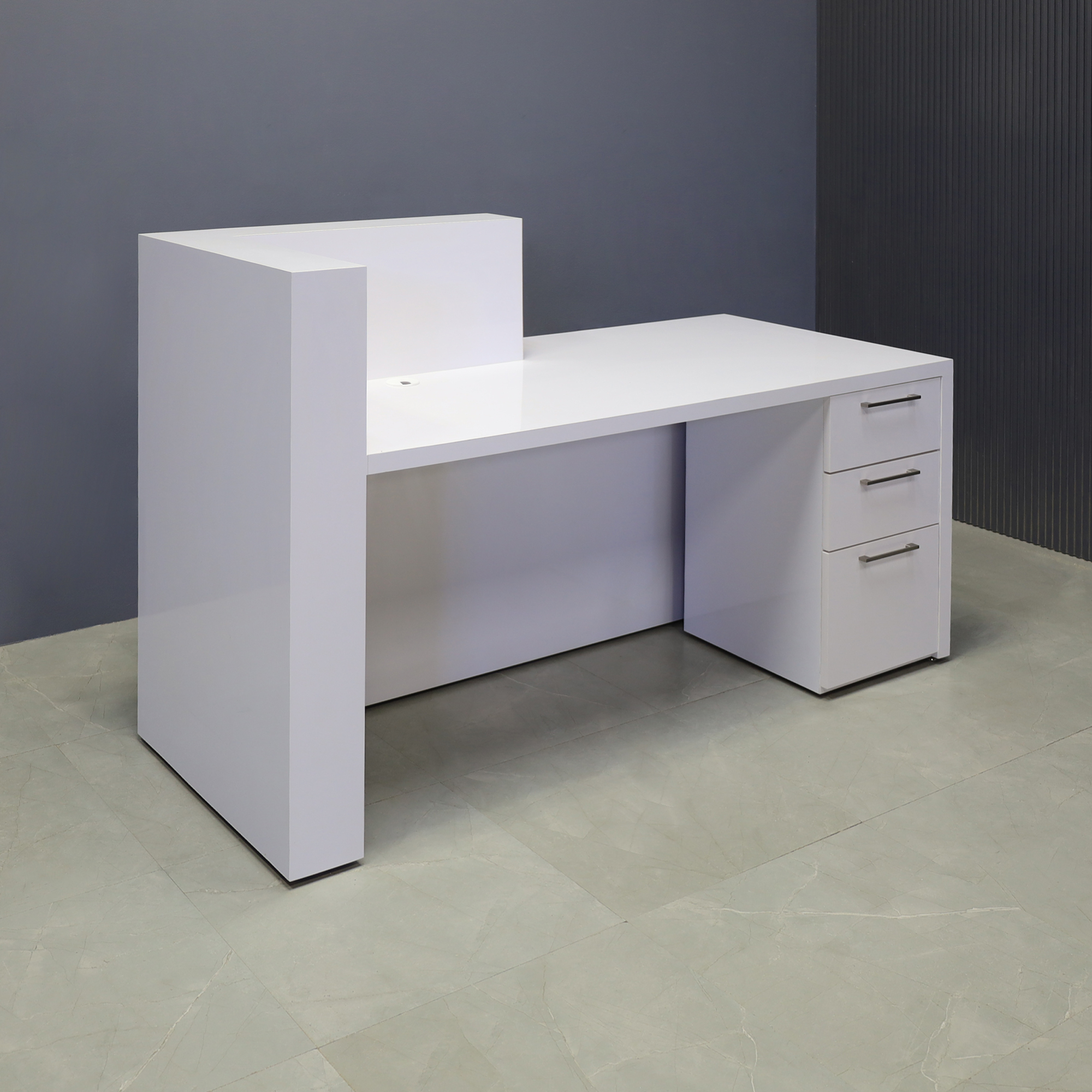 72-inch Atlanta ADA Reception Desk, countertop & base on right side when facing front in white gloss laminate, with multi-colored LED, and built-in storage on right side when sitting, shown here.