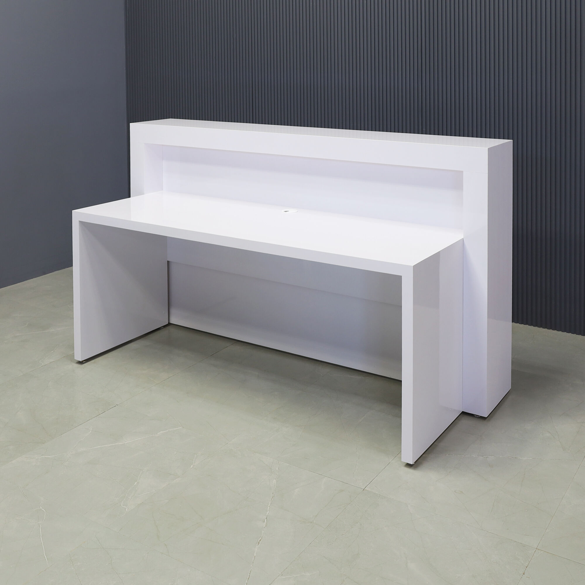 72-inch New York Straight Reception Desk in white gloss laminate main desk and accent, with color LED, shown here.