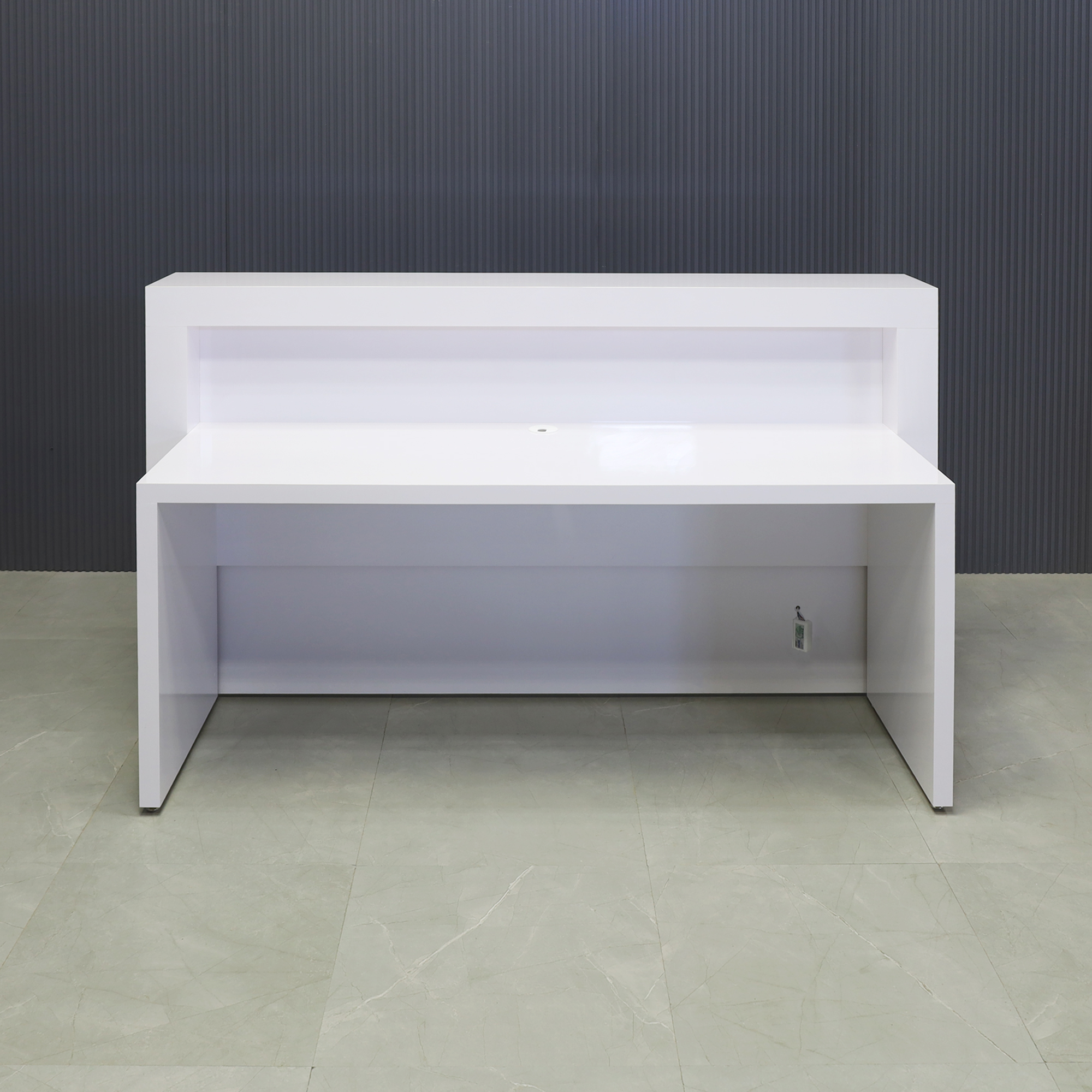 72-inch New York Straight Reception Desk in white gloss laminate finish, with multi-colored LED, shown here.