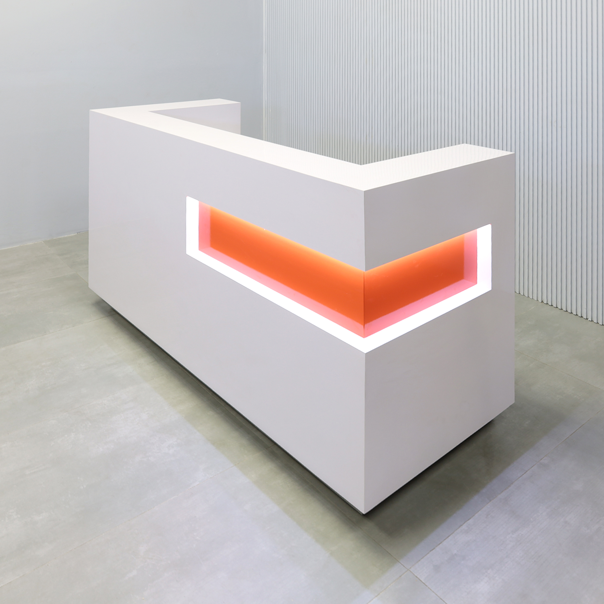 72-inch Manhattan U-Shape Reception Desk with white gloss laminate desk, pantone 021 organe gloss paint (Special) laminate accent panel, brushed aluminum toe-kick, and white LED.