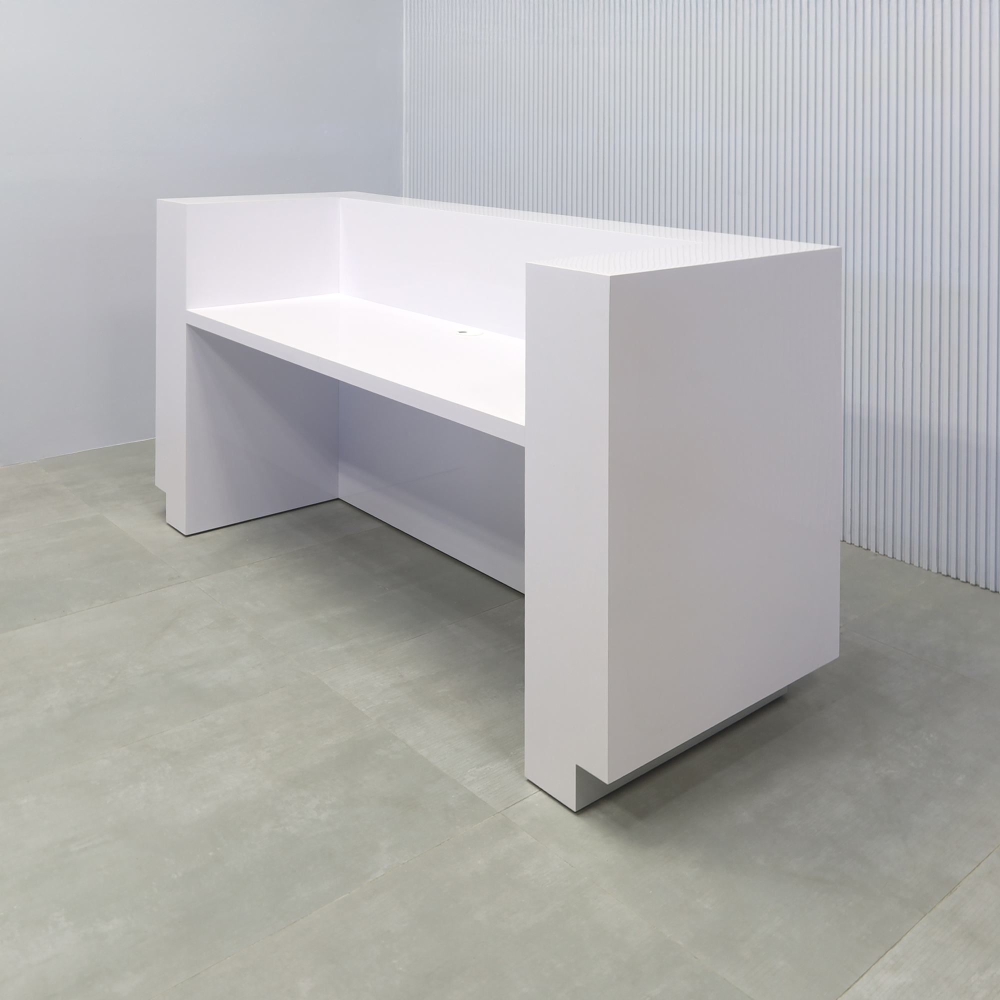 72-inch Manhattan U-Shape Reception Desk with white gloss laminate desk, pantone 021 organe gloss paint (Special) laminate accent panel, brushed aluminum toe-kick, and white LED.