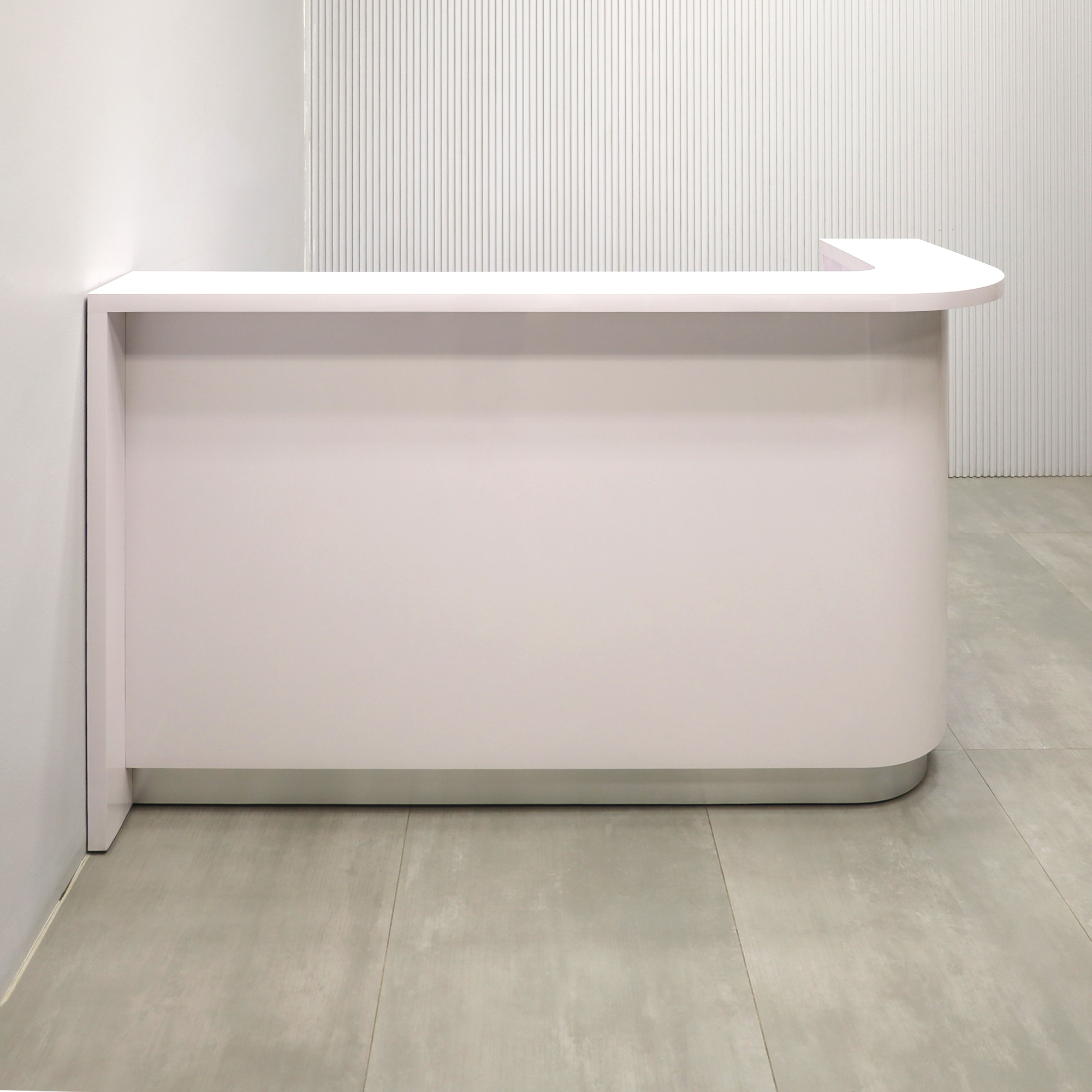 72-inch Austin Curved Desk with White Gloss Laminate desk, White Gloss Laminate workspace, Brushed Aluminum toe-kick, and Color LED.