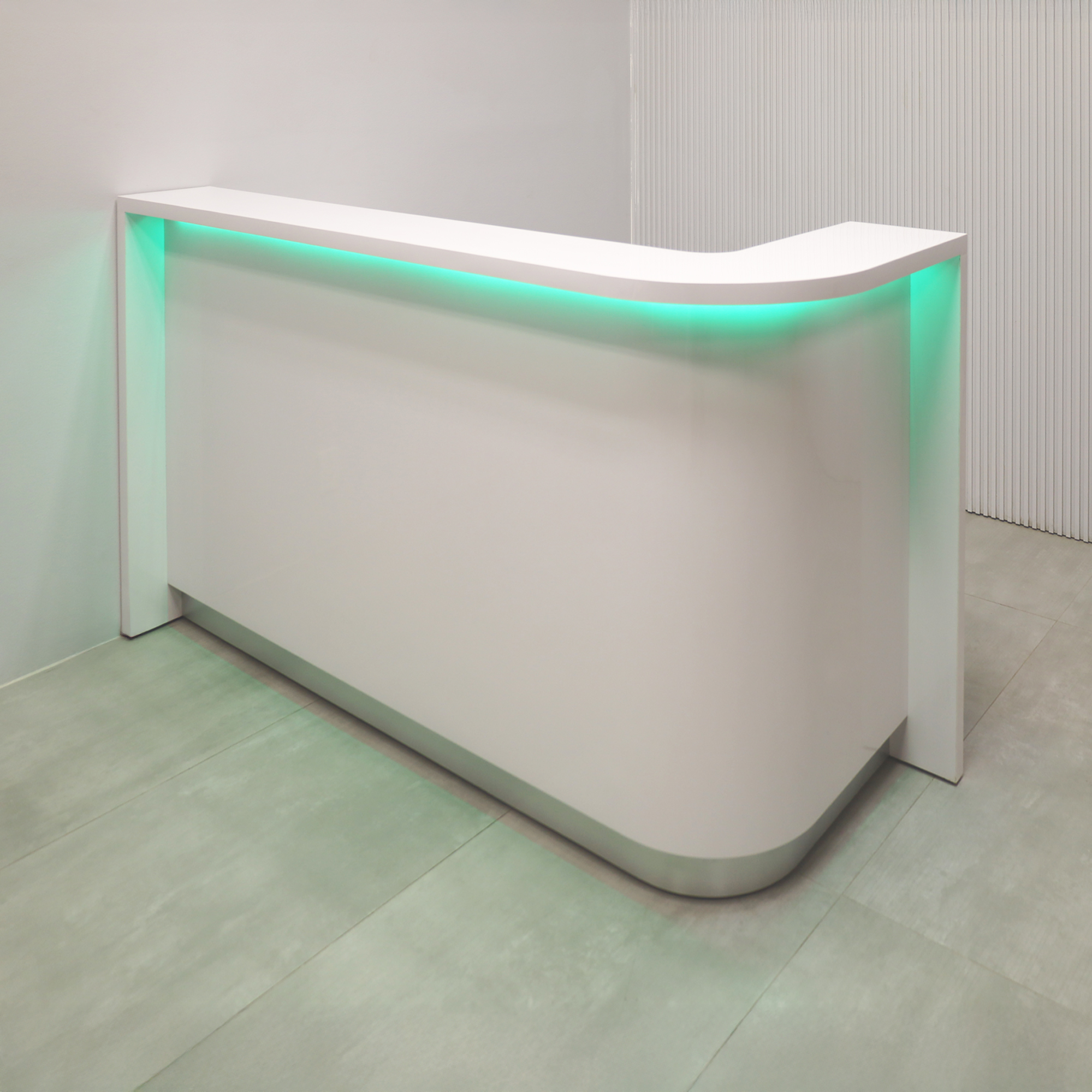 72-inch Austin Curved Desk with White Gloss Laminate desk, White Gloss Laminate workspace, Brushed Aluminum toe-kick, and Color LED.