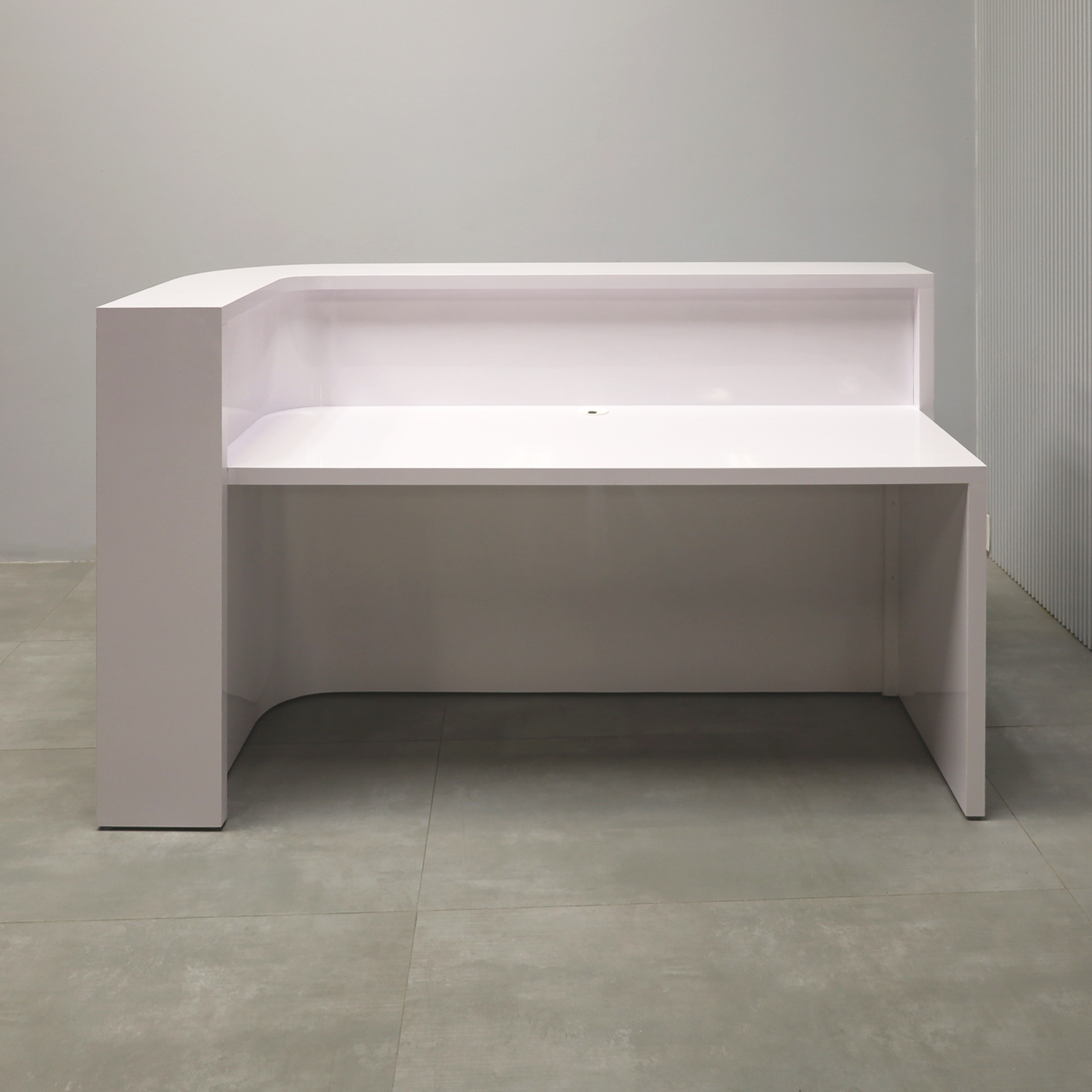 72-inch Austin Curved Desk with White Gloss Laminate desk, White Gloss Laminate workspace, Brushed Aluminum toe-kick, and Color LED.