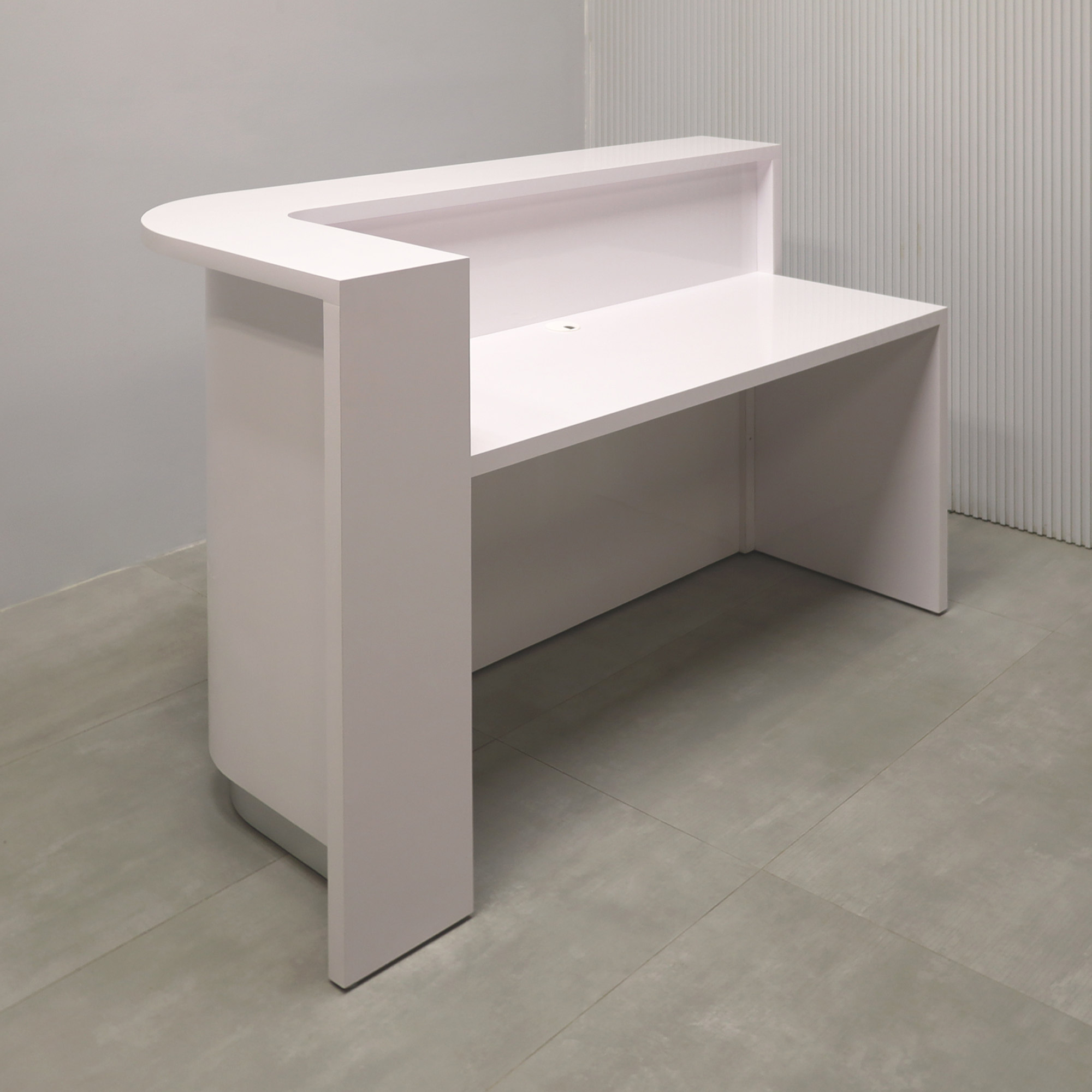 72-inch Austin Curved Desk with White Gloss Laminate desk, White Gloss Laminate workspace, Brushed Aluminum toe-kick, and Color LED.