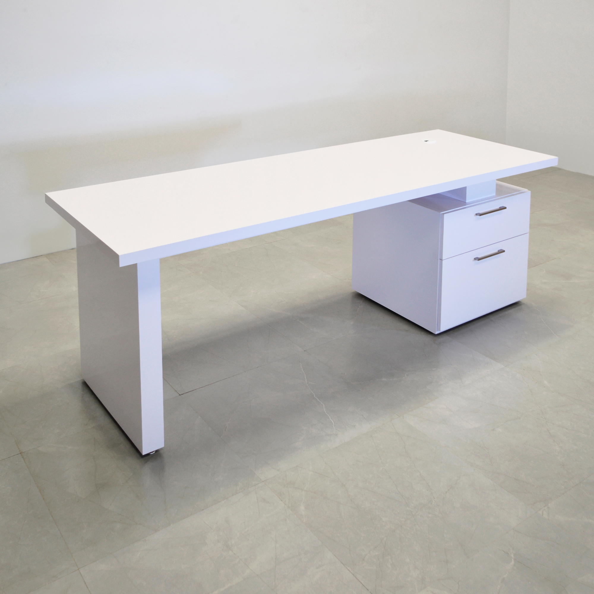 72-inch Avenue Straight Executive Desk in white gloss laminate top, base & storage, shown here.