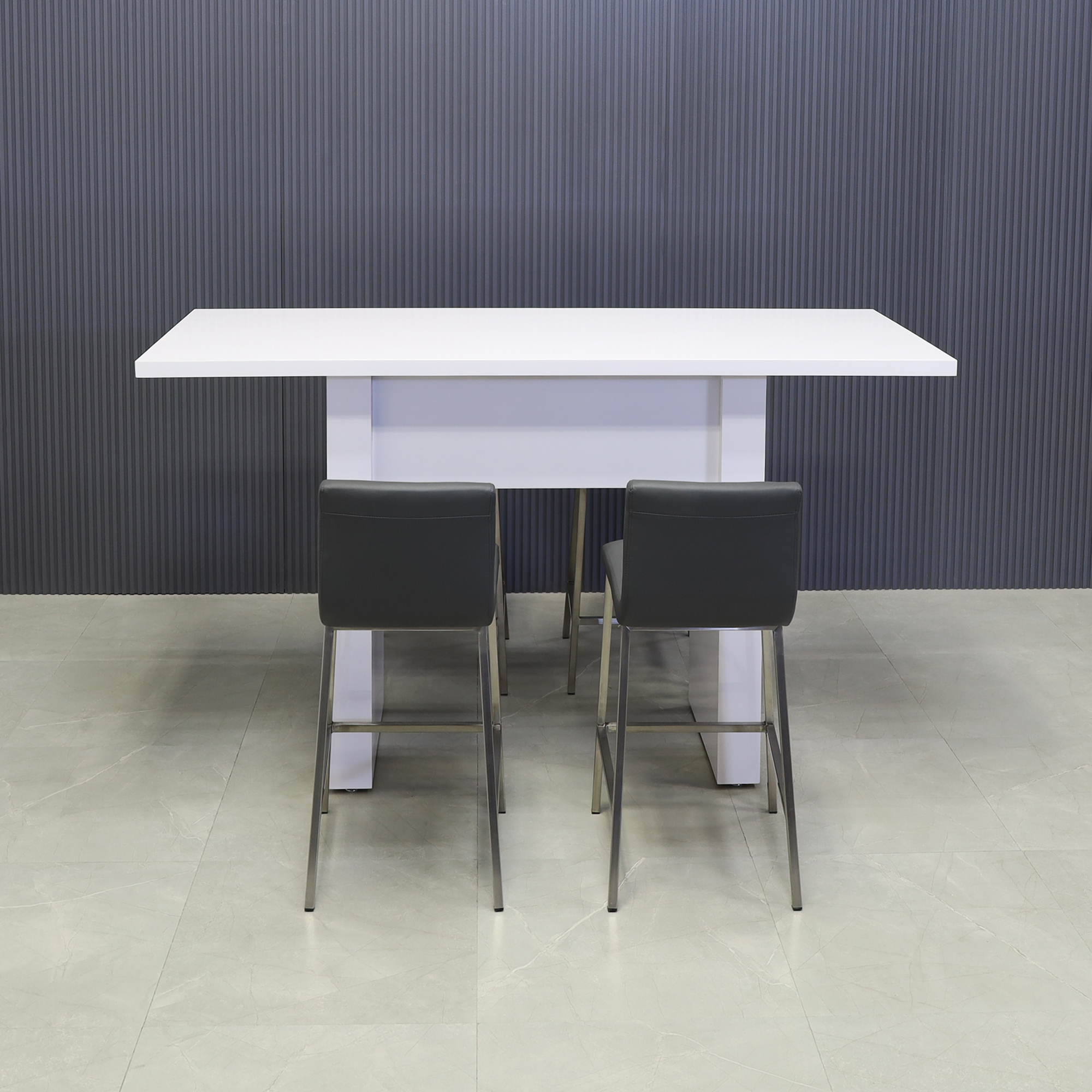 72 inches Windsor Bar Table in white gloss laminate top and base shown here.