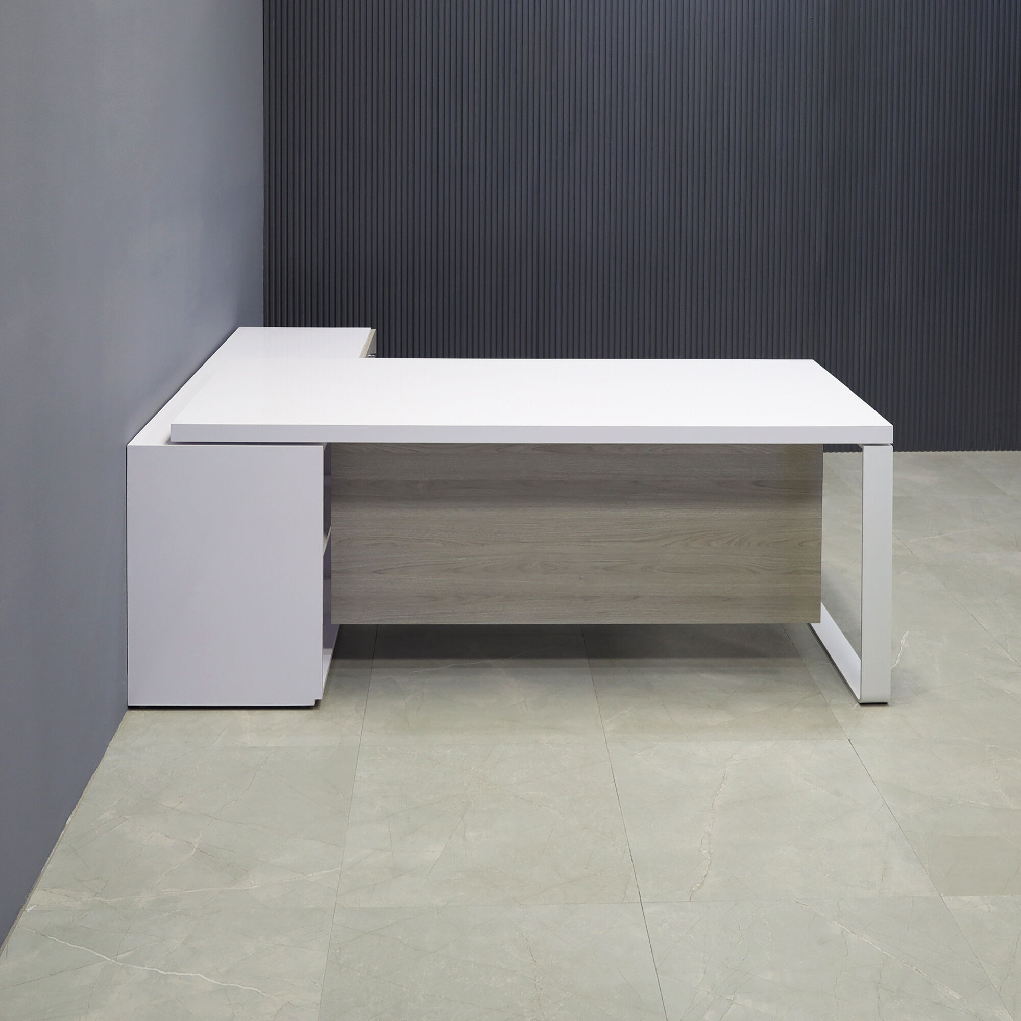 72-inch Aspen Executive Desk With Credenza in white gloss laminate top & credenza, greywood matte laminate privacy panel & front drawers, with white metal leg.