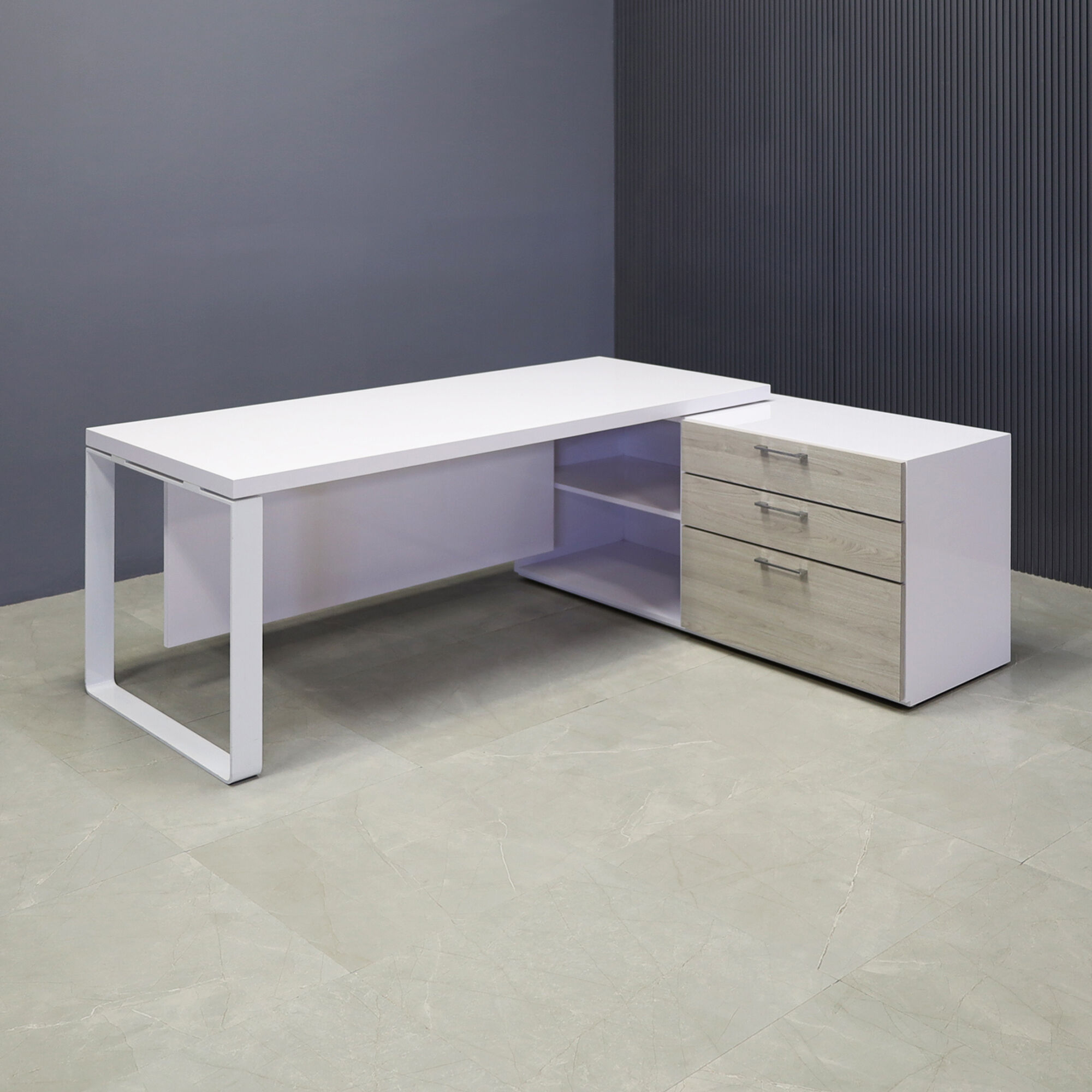 72-inch Aspen Executive Desk With Credenza in white gloss laminate top & credenza, greywood matte laminate privacy panel & front drawers, with white metal leg.