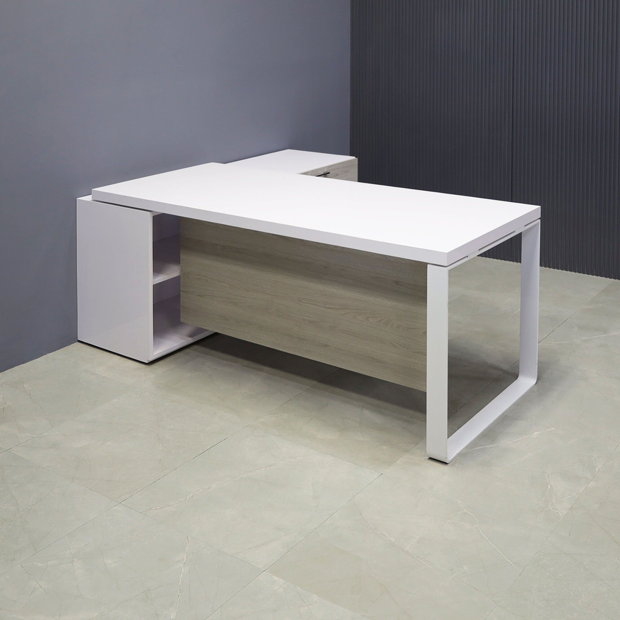 72-inch Aspen Executive Desk With Credenza in white gloss laminate top & credenza, greywood matte laminate privacy panel & front drawers, with white metal leg.