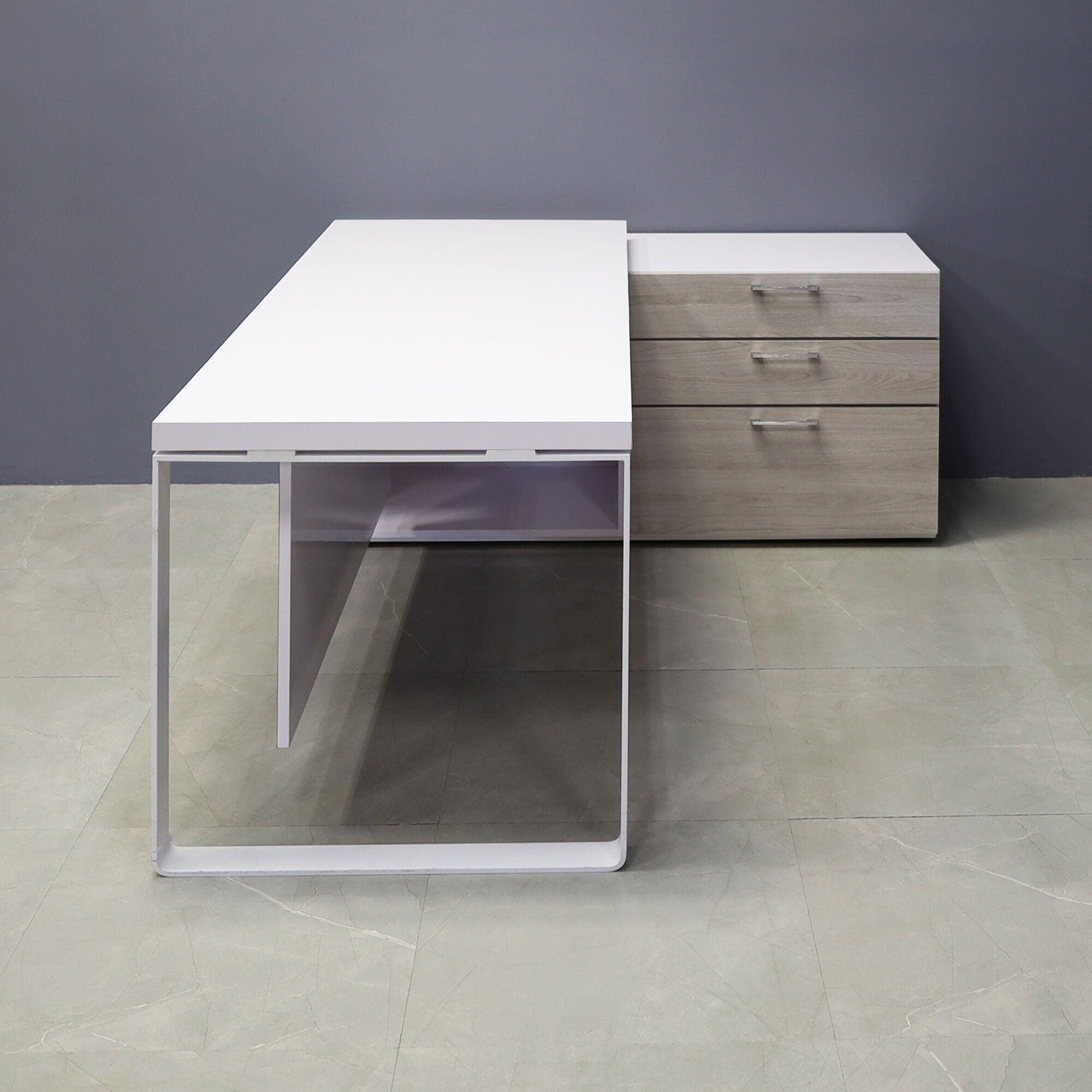 72-inch Aspen Executive Desk With Credenza in white gloss laminate top & credenza, greywood matte laminate privacy panel & front drawers, with white metal leg.