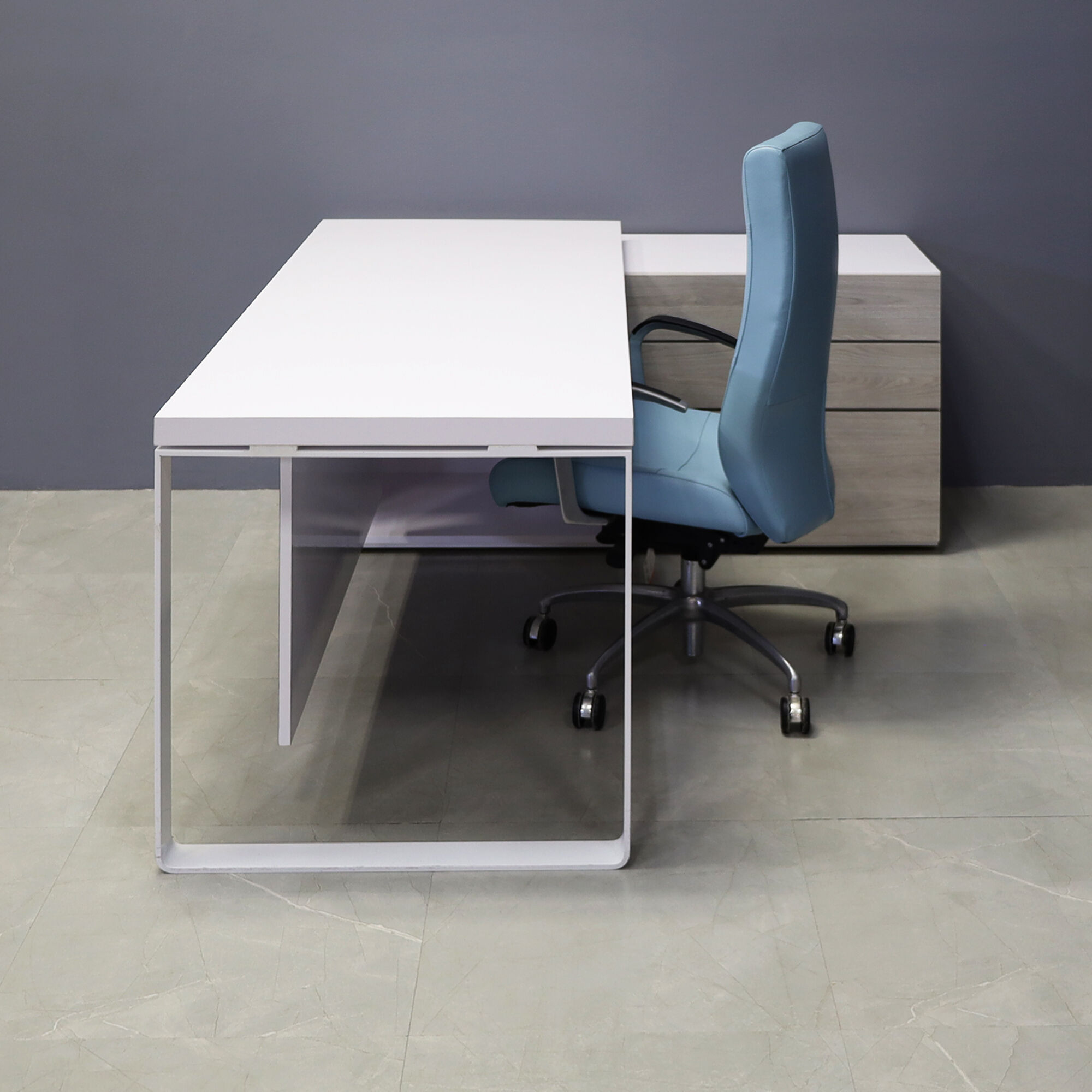 72-inch Aspen Executive Desk With Credenza in white gloss laminate top & credenza, greywood matte laminate privacy panel & front drawers, with white metal leg.