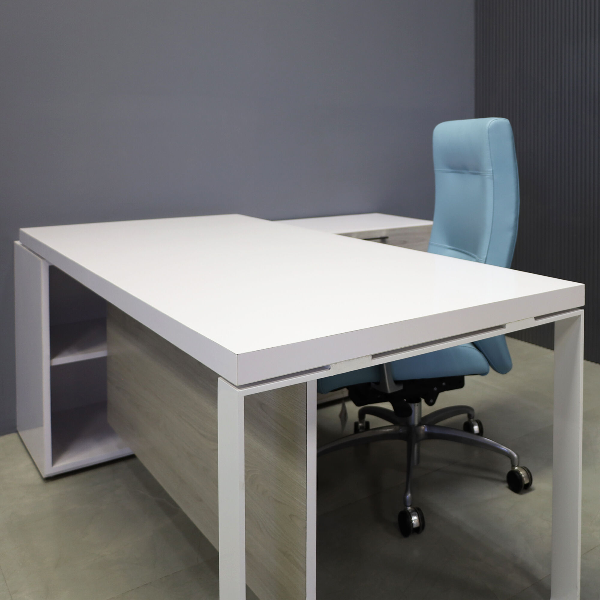 72-inch Aspen Executive Desk With Credenza in white gloss laminate top & credenza, greywood matte laminate privacy panel & front drawers, with white metal leg.