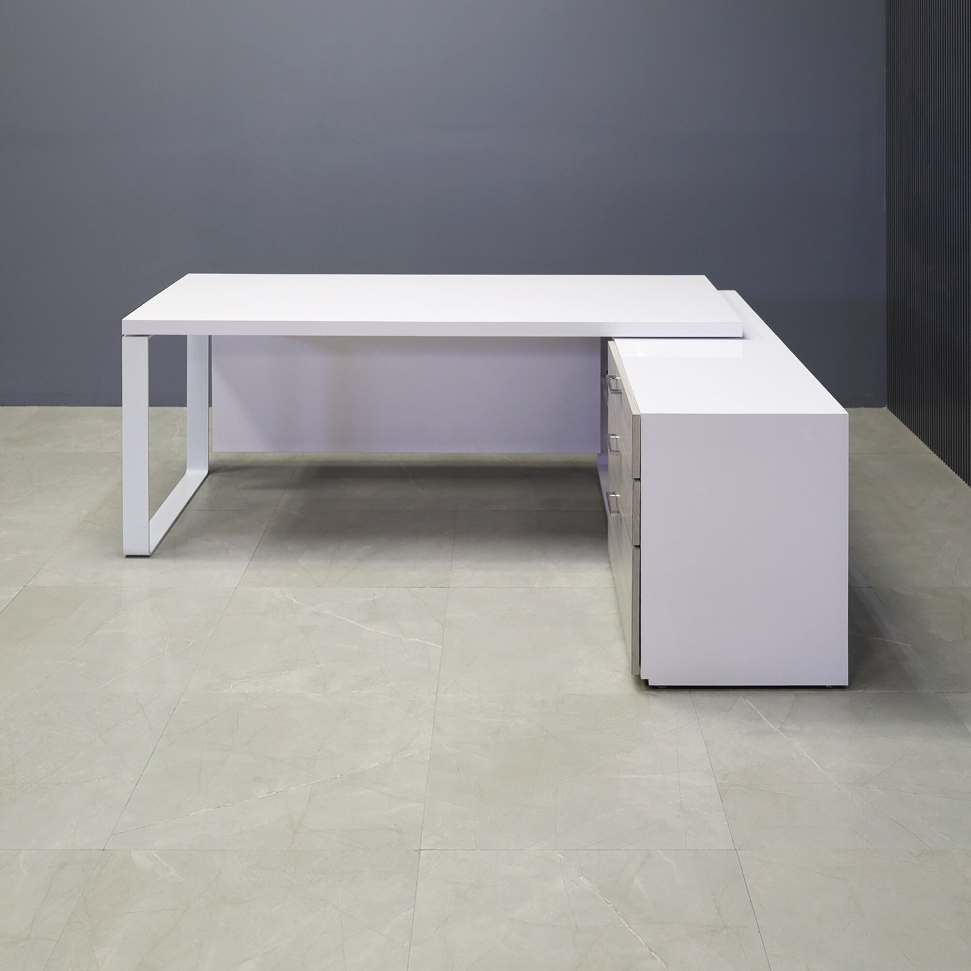 72-inch Aspen Executive Desk With Credenza in white gloss laminate top & credenza, greywood matte laminate privacy panel & front drawers, with white metal leg.