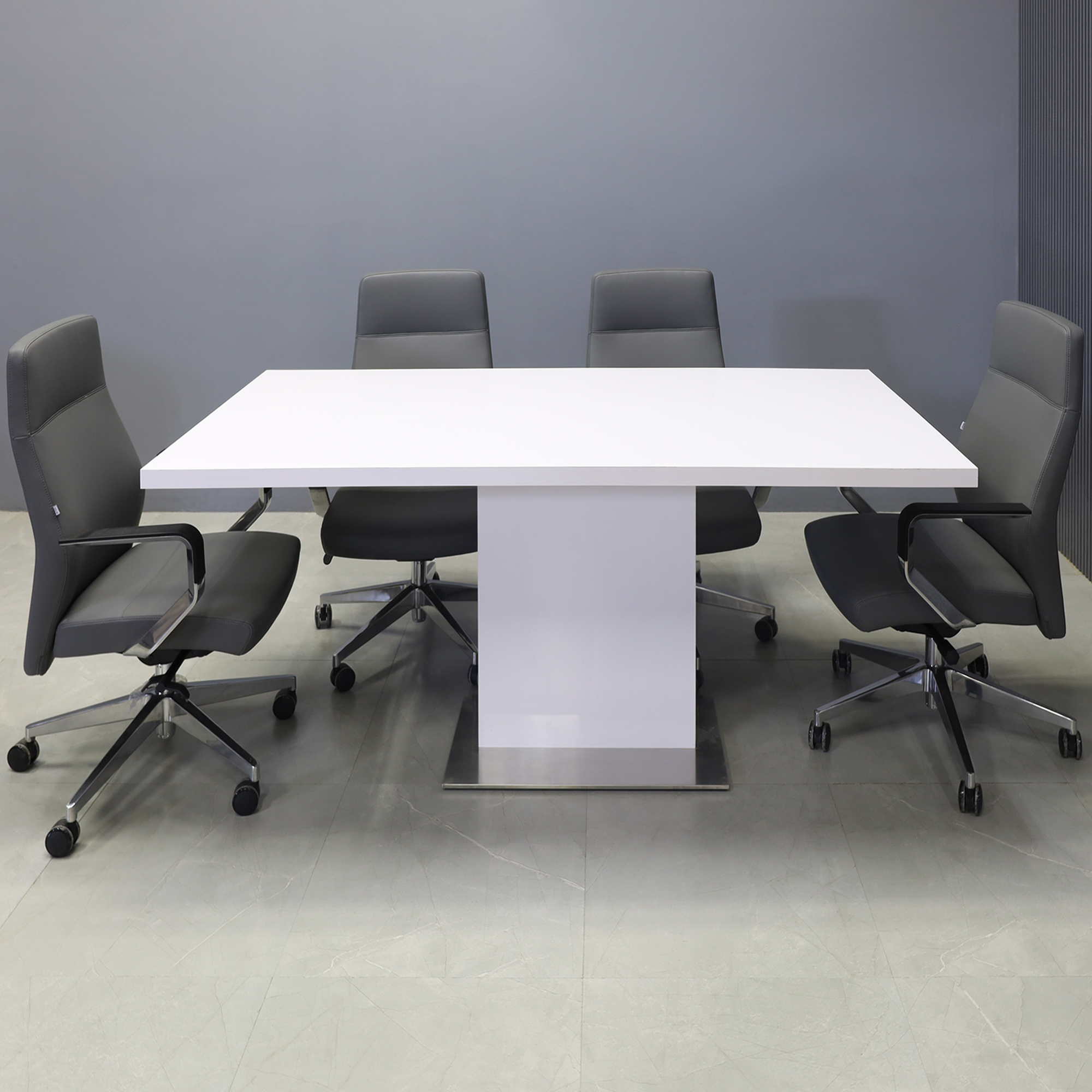 72-inch Newton Rectangular Conference Table in white gloss laminate top and custom pedestal base in white gloss laminate & brushed stainless steel, shown here.