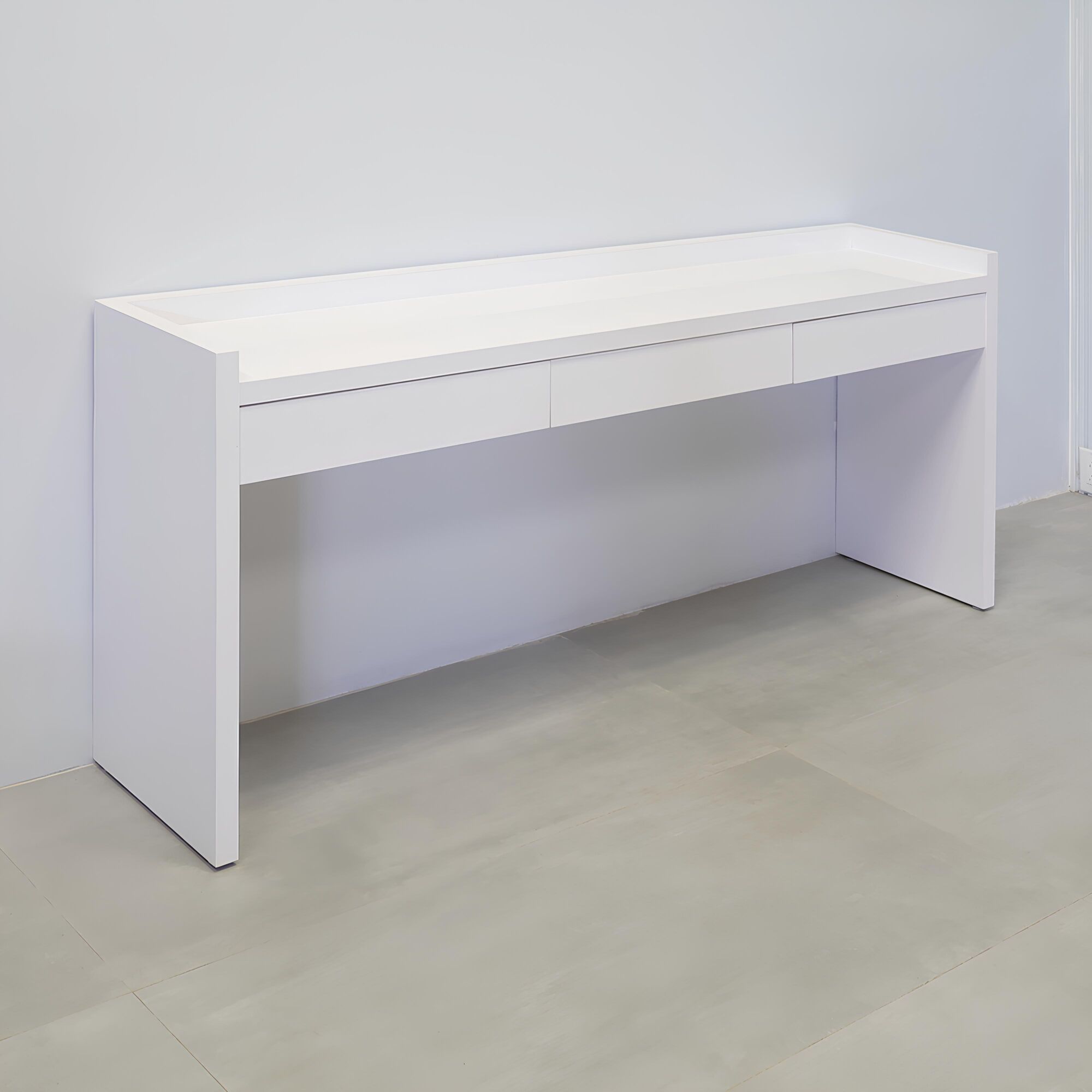 72-inch Avenue Console Table with white gloss laminate top, and white gloss laminate console.