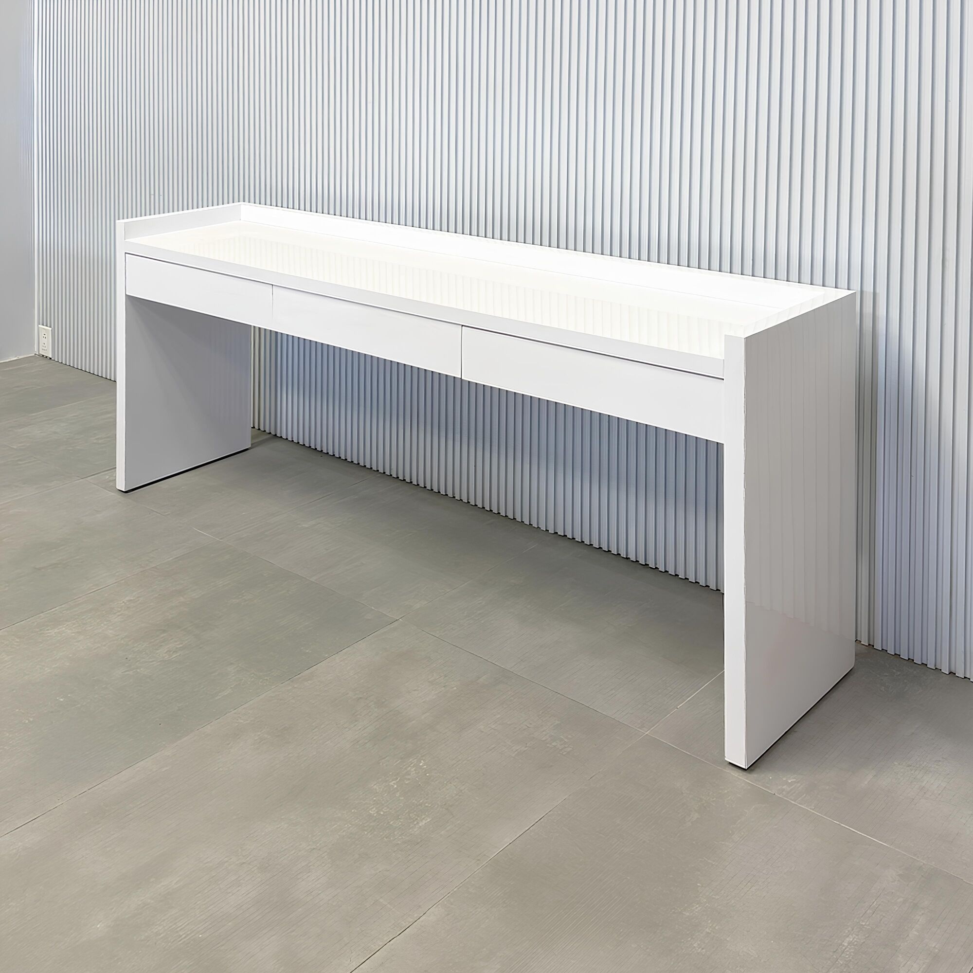 72-inch Avenue Console Table with white gloss laminate top and white gloss laminate console.