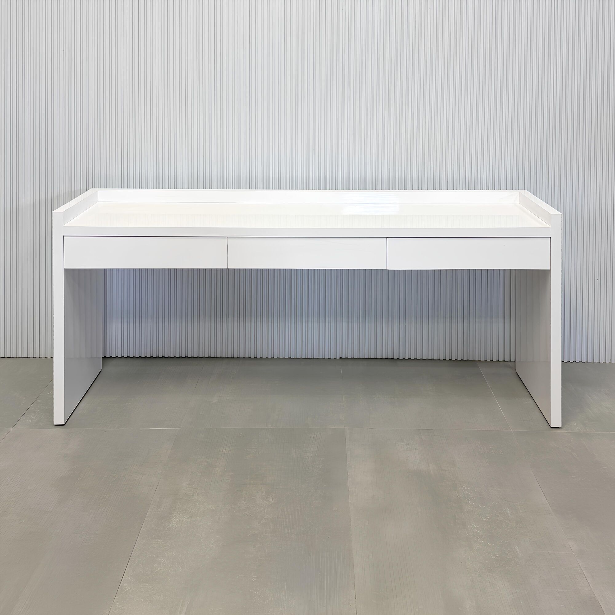 72-inch Avenue Console Table with white gloss laminate top and white gloss laminate console.