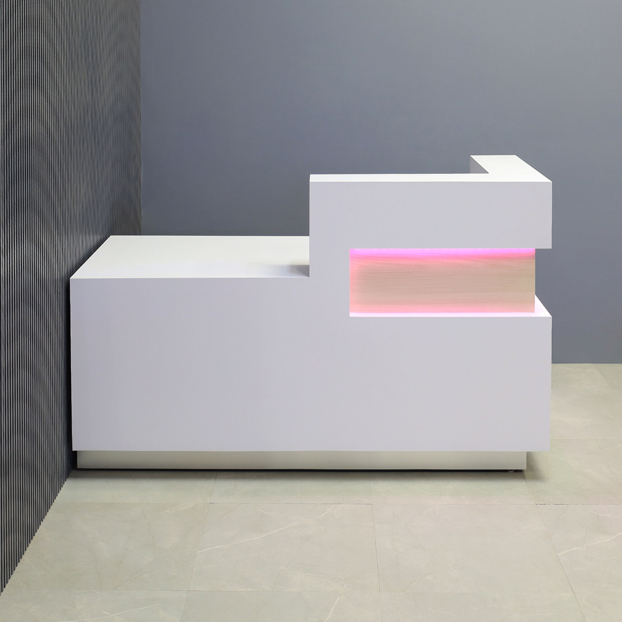 72-inch Manhattan ADA Compliant Custom Reception Desk with white matte laminate desk & base, white matte laminate countertop, field elm laminate accent, and colored LED.
