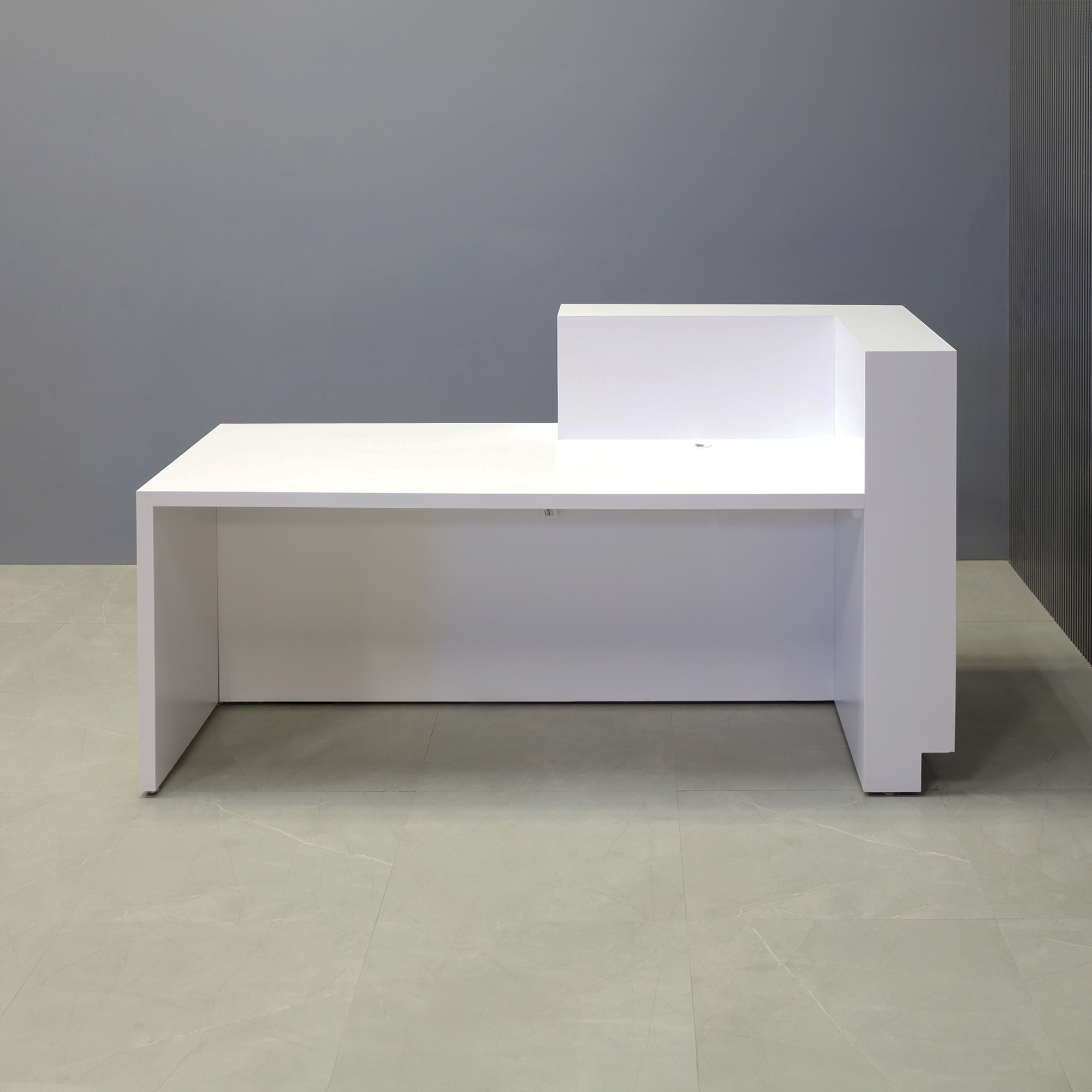 72-inch Manhattan ADA Reception Desk with White Matte Laminate desk & base. White Matte Laminate counter top, and Field Elm accent.