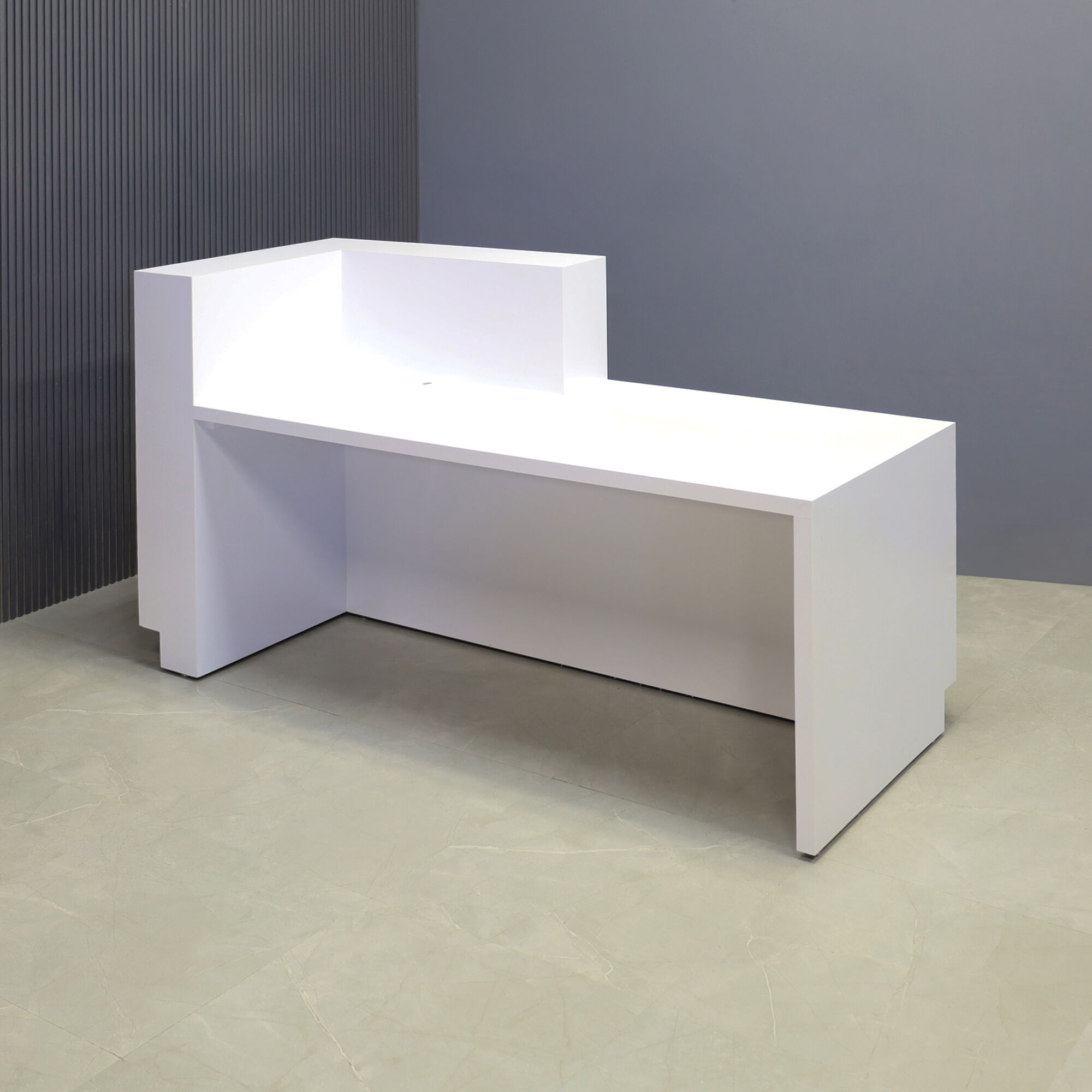 72-inch Manhattan ADA Compliant Custom Reception Desk with white matte laminate desk & base, white matte laminate countertop, field elm laminate accent, and colored LED.