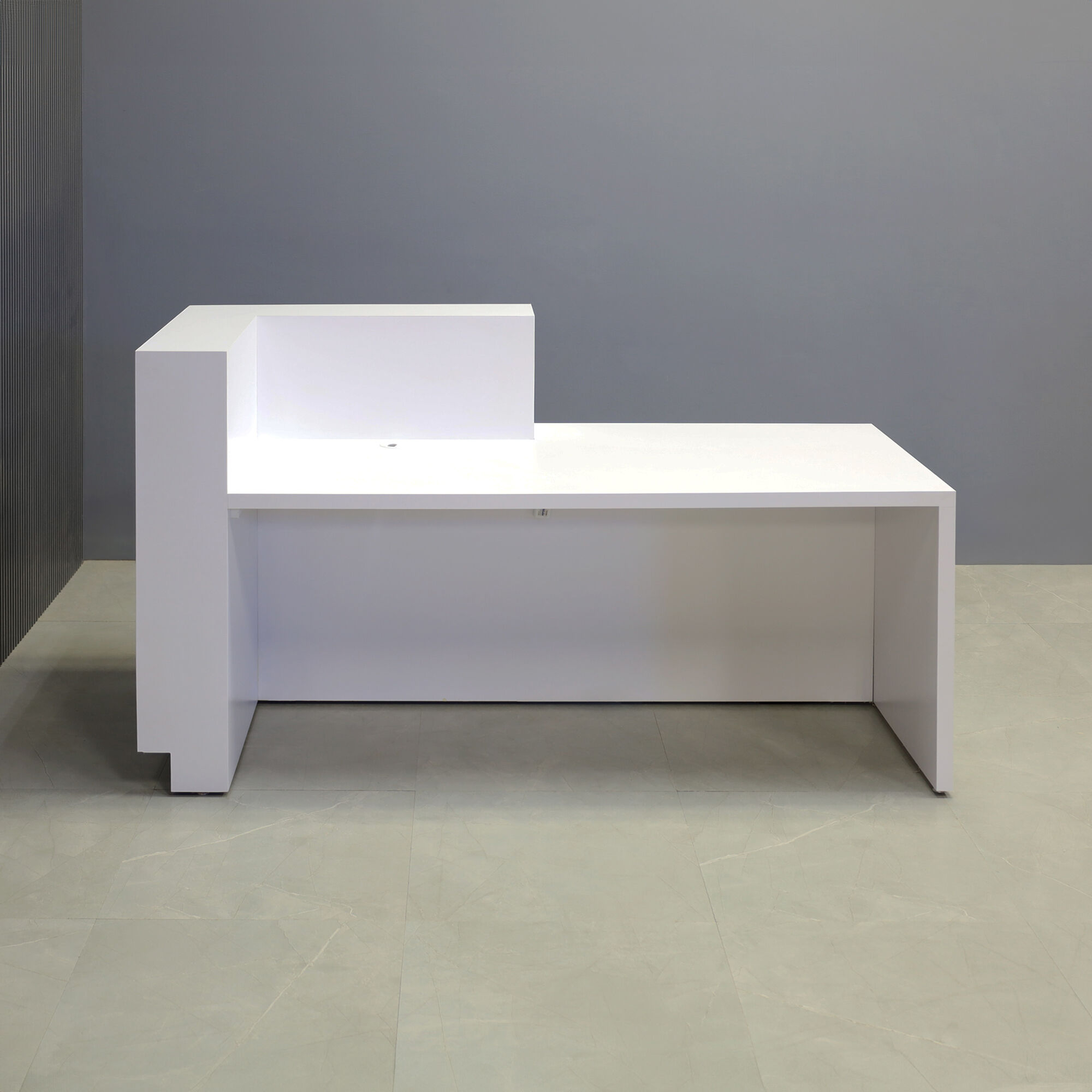 72-inch Manhattan ADA Compliant Custom Reception Desk with white matte laminate desk & base, white matte laminate countertop, field elm laminate accent, and colored LED.