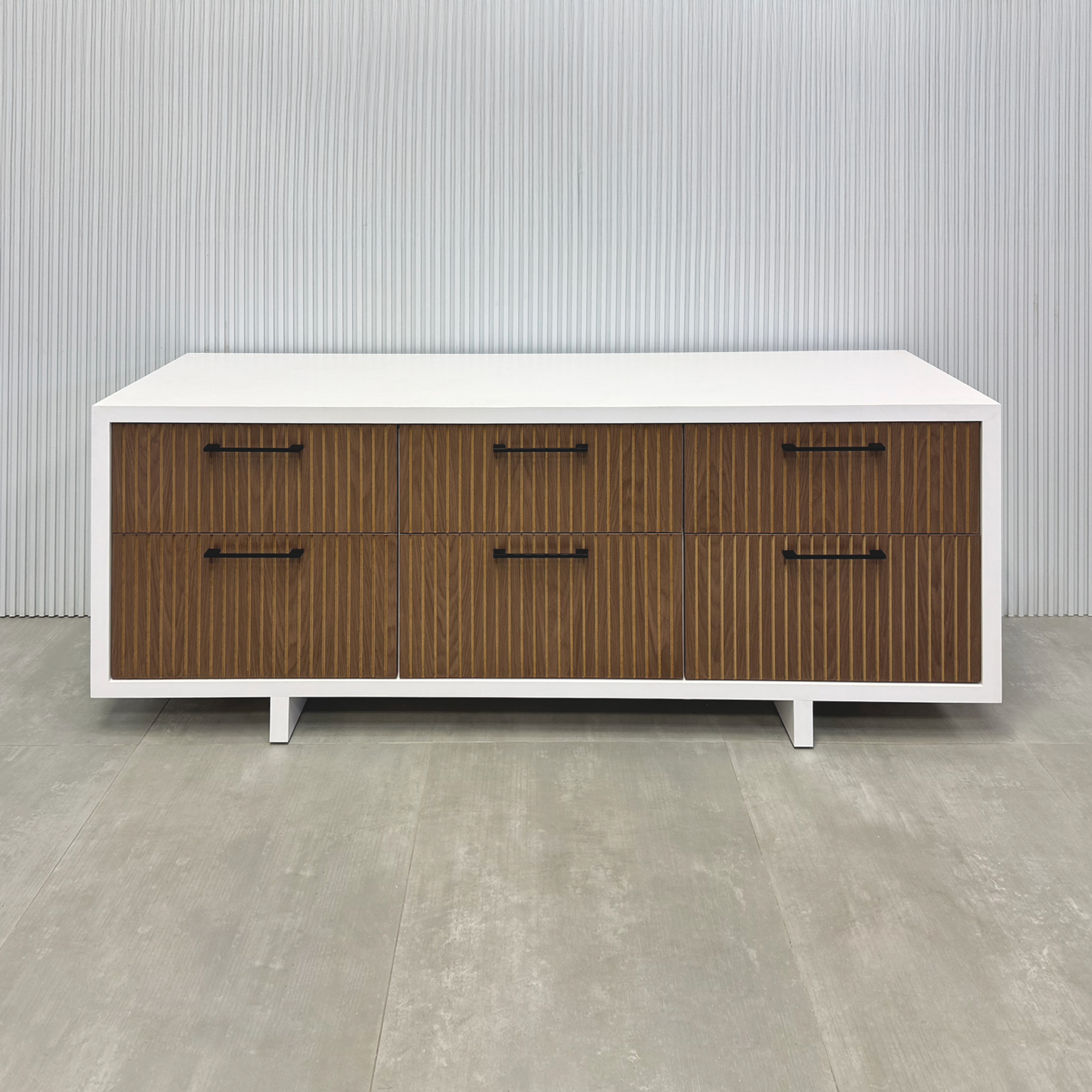 72-inch Seattle Storage Credenza with White Matte Laminate body and Walnut Veneer Tambour & Natural background doors.