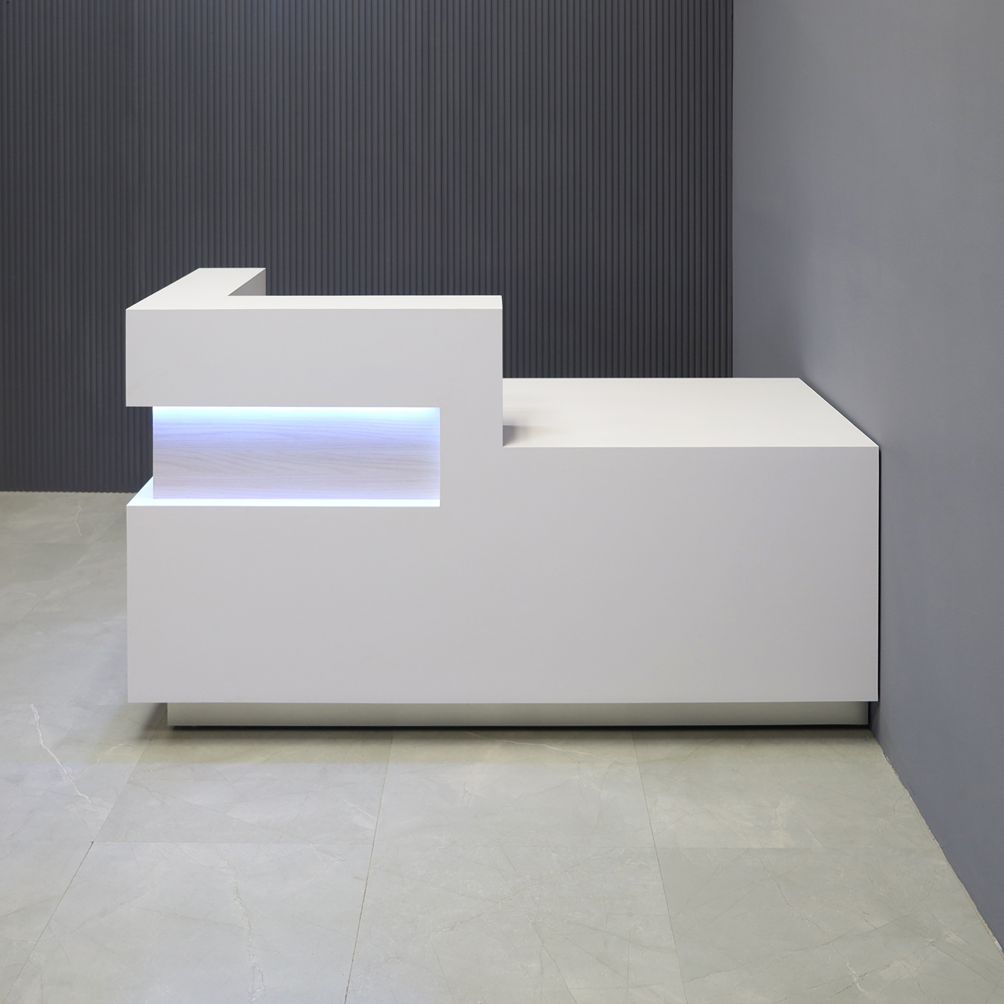 72-inch Manhattan ADA Reception Desk with White Matte Laminate desk & base. White Matte Laminate counter top, and Field Elm accent.