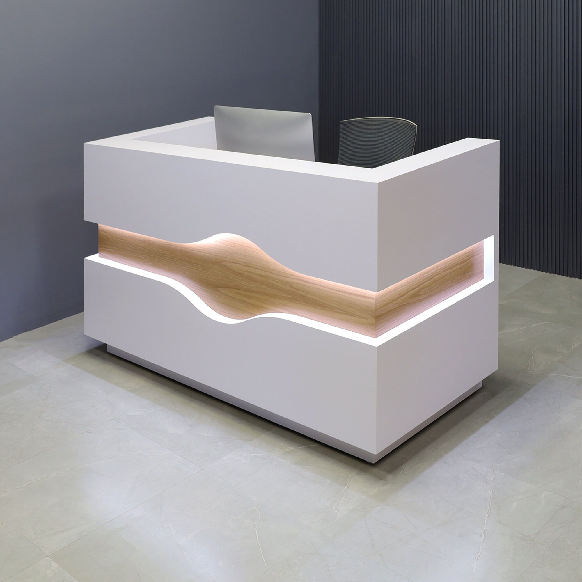72-inch Wave Reception Desk in white matte laminate main desk, white oak waved accent, brushed aluminum toe-kick, and warm white LED.