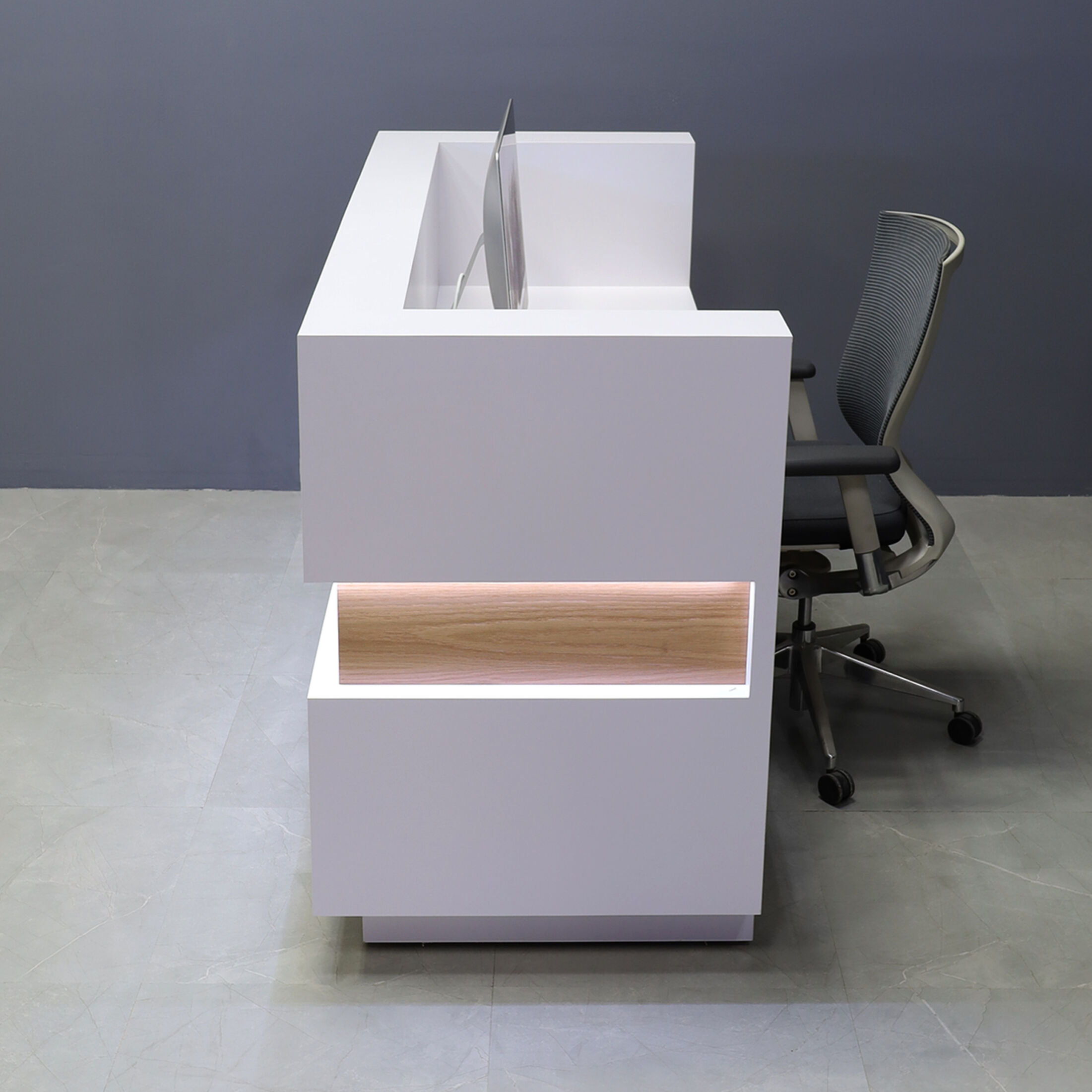 72-inch Wave Reception Desk in white matte laminate desk and counter, white oak veneer wave accent front, and brushed aluminum toe-kick, with warm white LED, shown here.