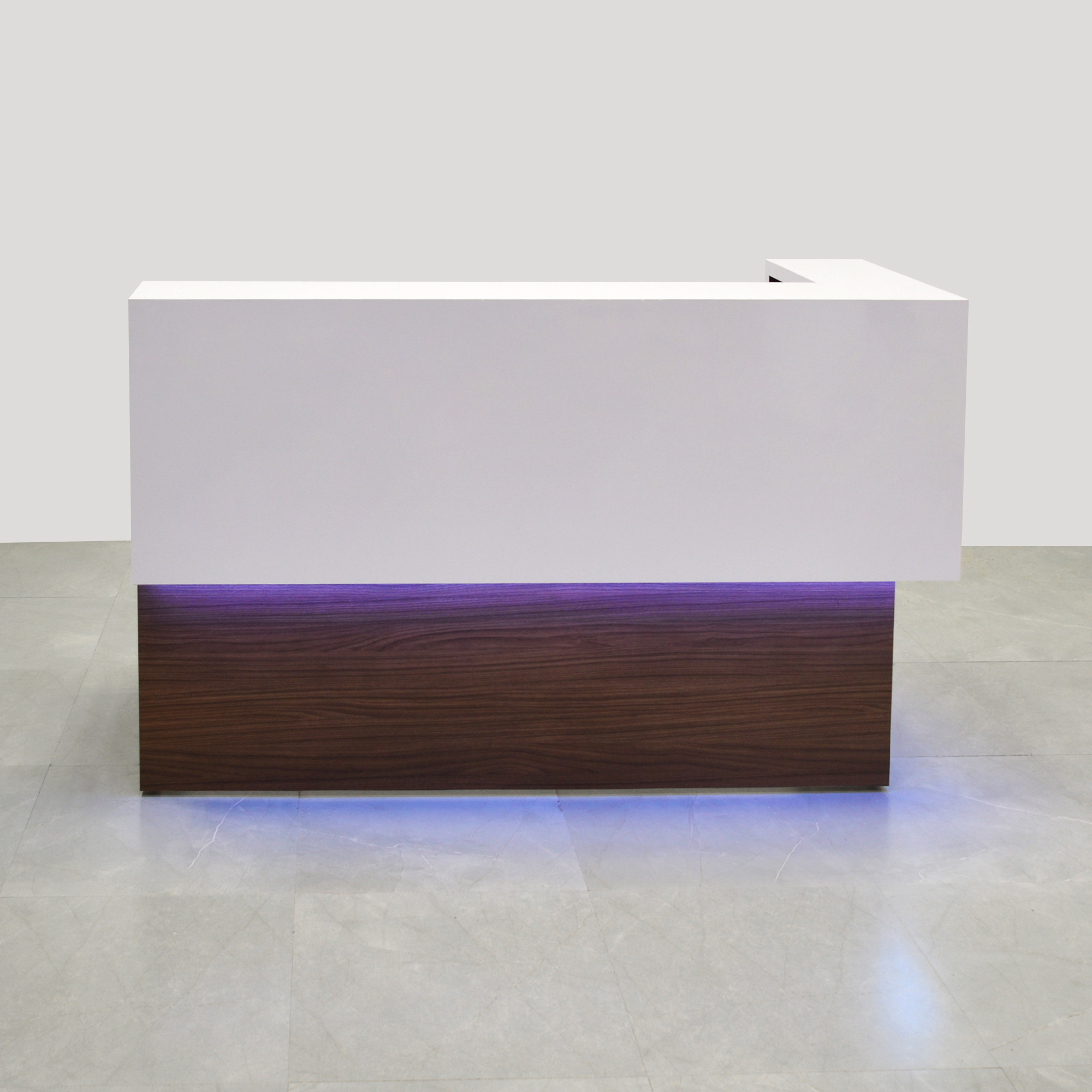 72-inch San Francisco L-Shape Reception Desk, right l-panel side when facing front in white matte laminate counter and walnut laminate desk, with color LED, shown here.