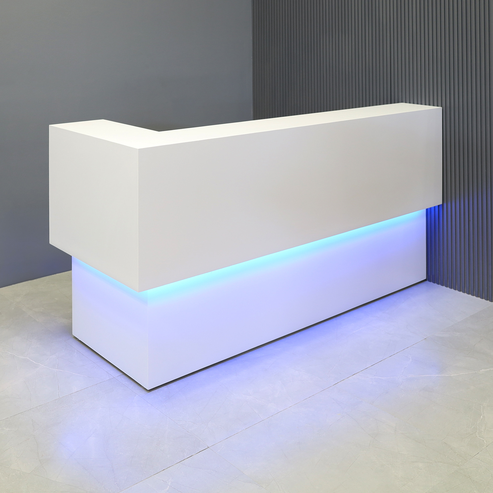 72-inch San Francisco L-Shape Reception Desk, left side l-panel when facing front in white matte laminate counter and desk, with color LED, shown here.